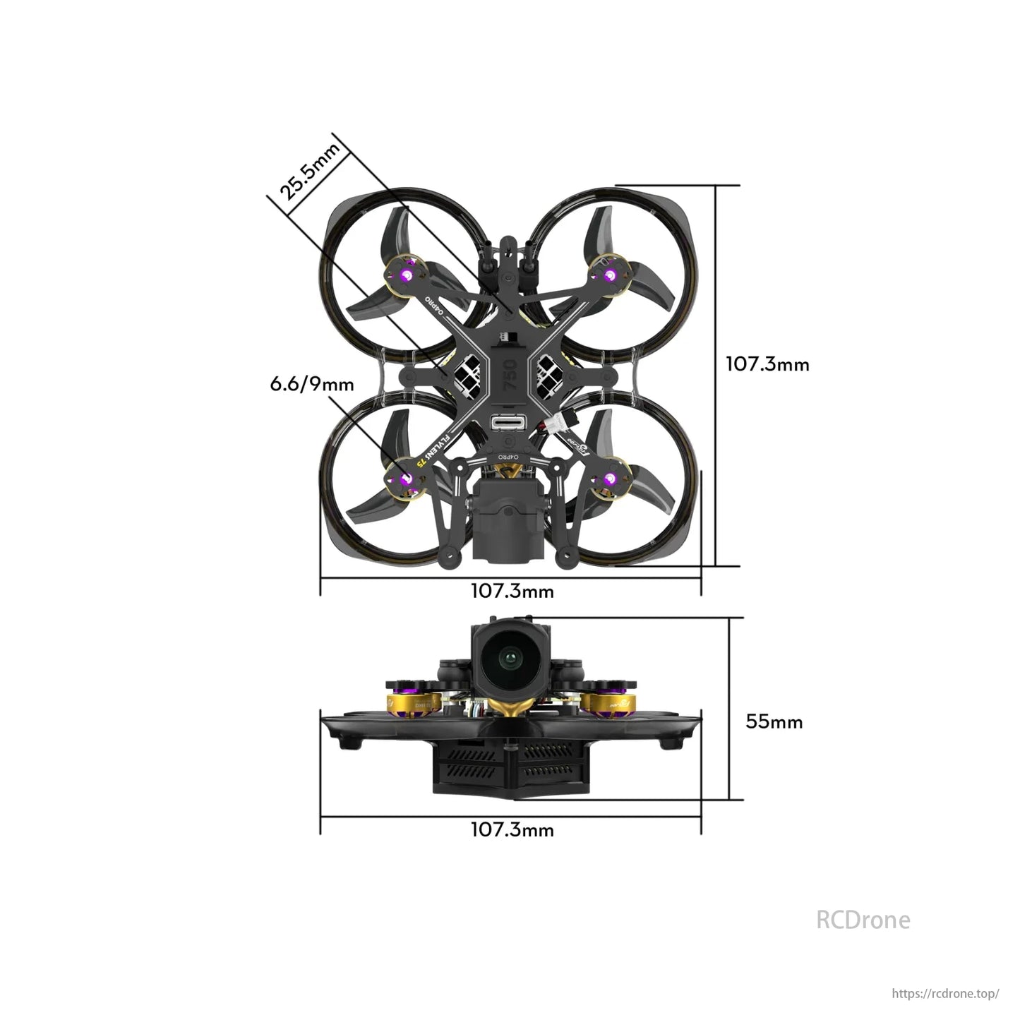 Flywoo Flylens 75 HD O4 PRO 2S 1.6-Inch Whoop FPV, Flywoo Flylens 75 HD O4 PRO 2S drone measures 107.3mm x 107.3mm, height 55mm, with 25.5mm propellers.