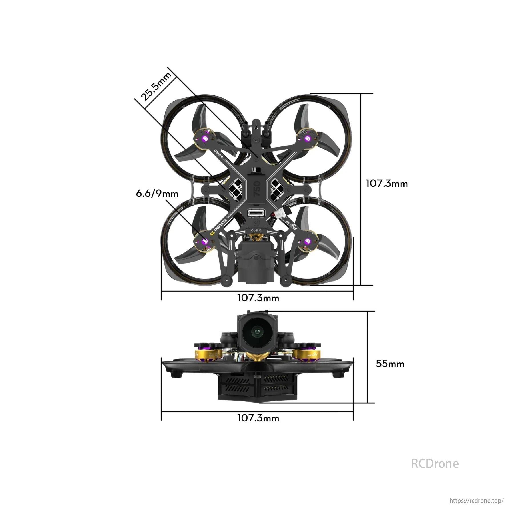 Flywoo Flylens 75 HD O4 PRO 2S 1.6-Inch Whoop FPV, Flywoo Flylens 75 HD O4 PRO 2S drone measures 107.3mm x 107.3mm, height 55mm, with 25.5mm propellers.
