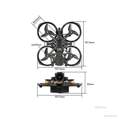 Flywoo Flylens 75 HD O4 PRO 2S 1.6-Inch Whoop FPV, Flywoo Flylens 75 HD O4 PRO 2S drone measures 107.3mm x 107.3mm, height 55mm, with 25.5mm propellers.