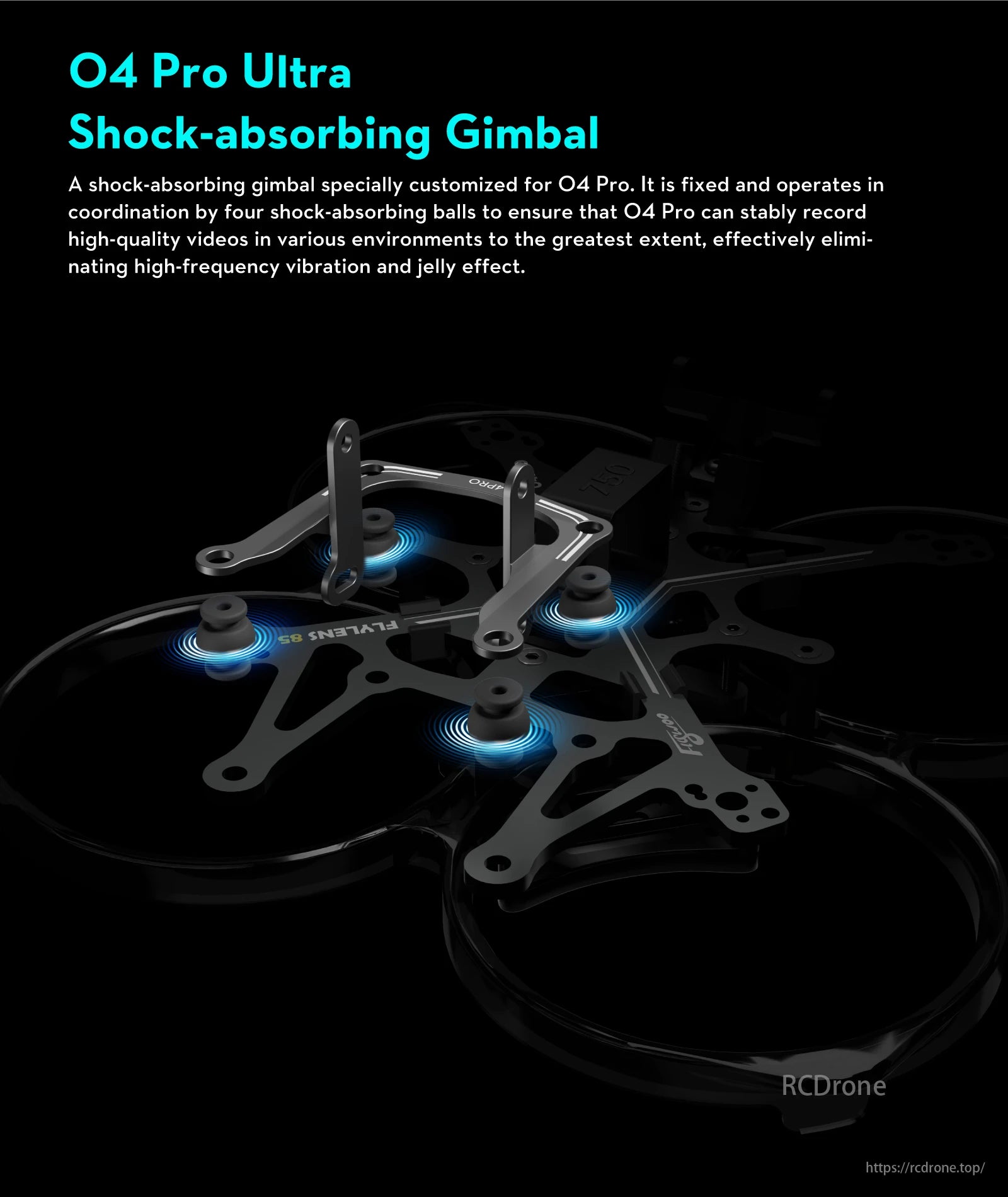 Flywoo Flylens 75 HD O4 PRO 2S 1.6-Inch Whoop FPV, O4 Pro Ultra Shock-absorbing Gimbal ensures stable video with four balls, minimizing vibration and jelly effect for high-quality recording in any environment.