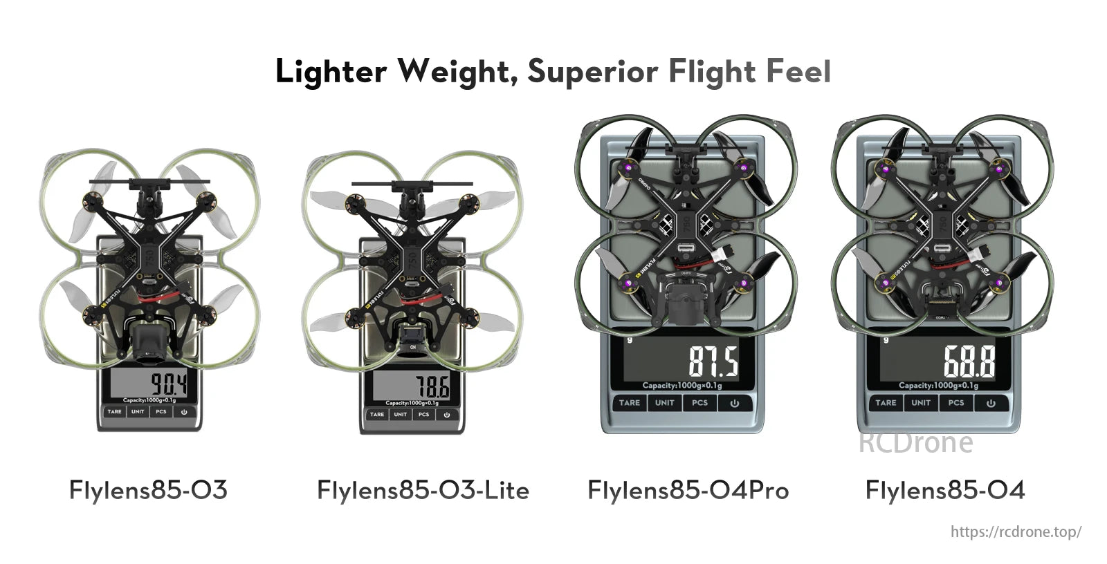 Flywoo Flylens 85 HD Whoop Drone models vary in weight (68.8-90.4 grams) with protective propeller rings, offering lightweight, durable, and maneuverable designs for an exceptional flying experience.