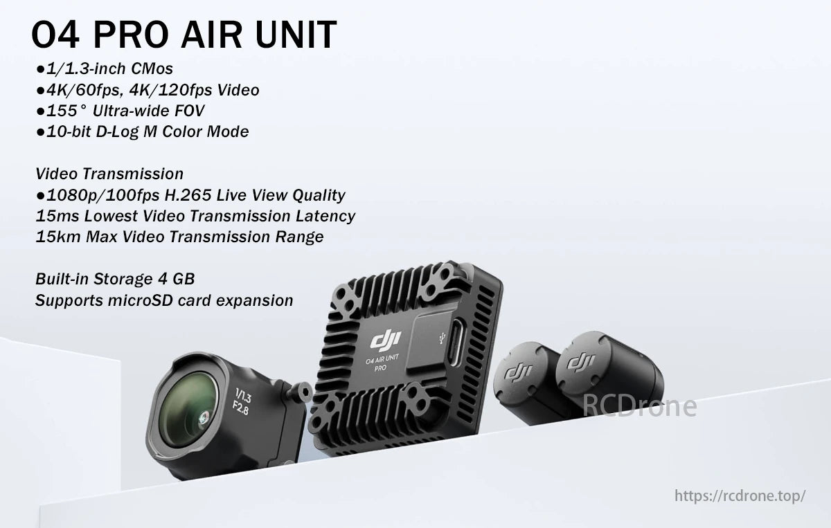 Flywoo Flylens 85 HD Whoop Drone, DJI O4 Pro Air Unit features a 1/1.3-inch CMOS sensor, 4K/120fps video, 10-bit D-Log M, 15km transmission range, and 4GB storage, offering advanced aerial imaging with efficient storage and transmission.