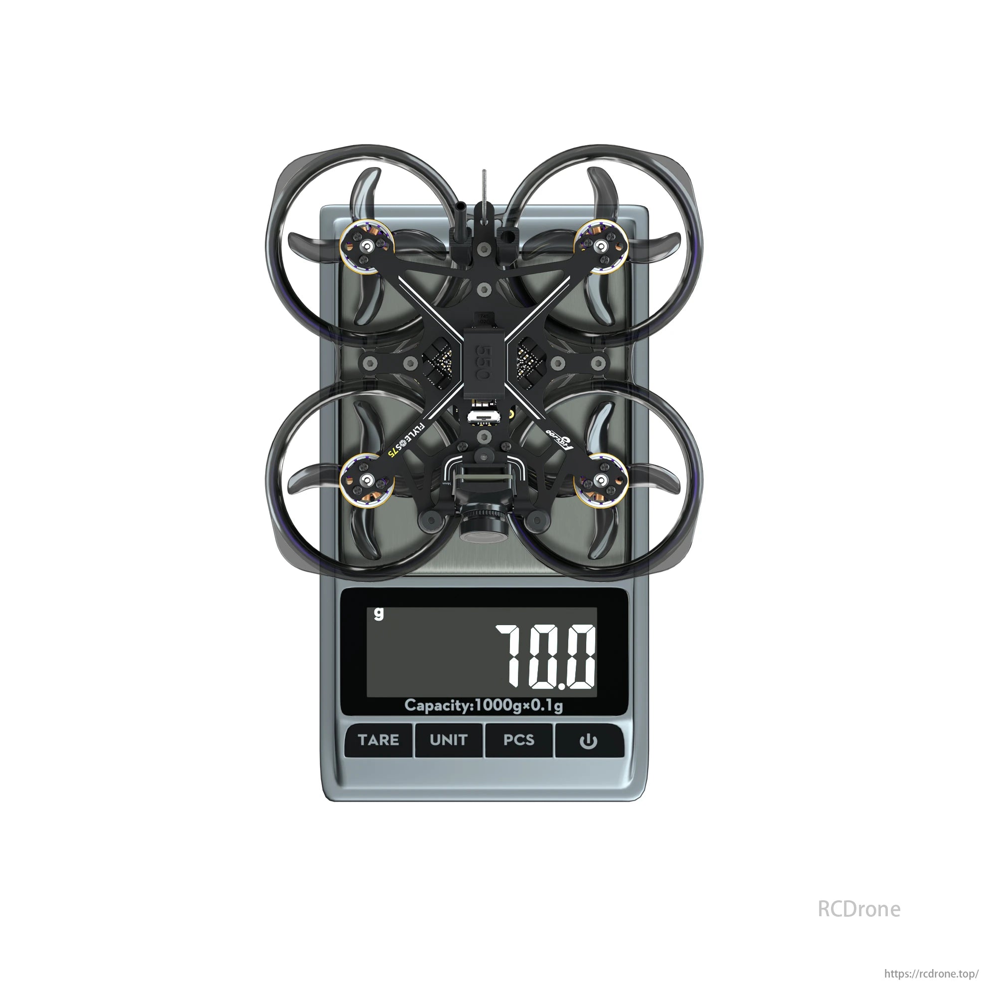 The Flywoo Flytimes 85 Cinewhoop drone weighs 70.0 grams, measured on a digital scale with 1000g x 0.1g capacity.