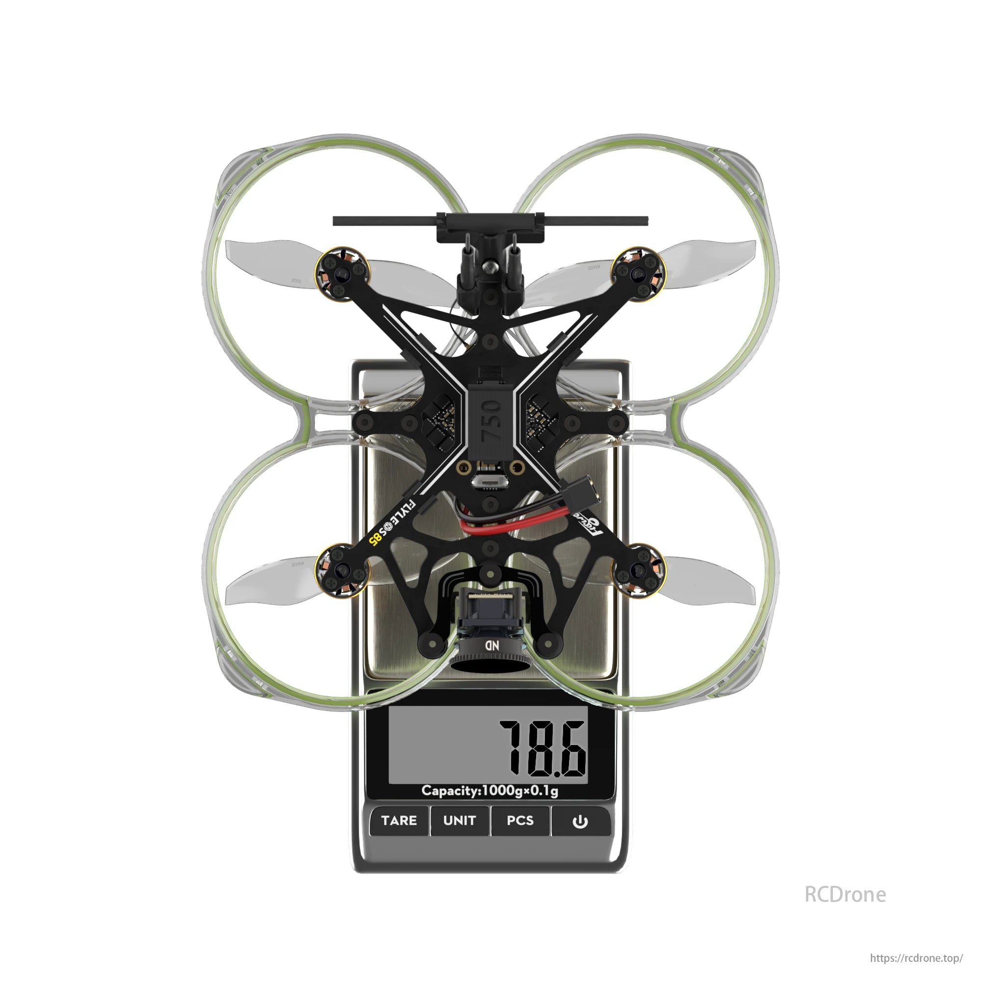Flywoo Flytimes 85 Cinewhoop drone with protective rings weighs 78.6 grams, featuring lightweight design and precise measurement capacity of 1000g x 0.1g.
