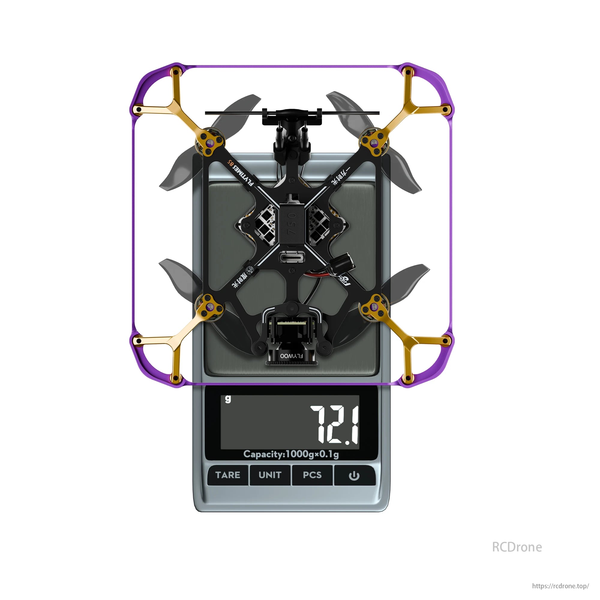 Flywoo Flytimes 85 Cinewhoop drone weighs 72.1 grams on digital scale.
