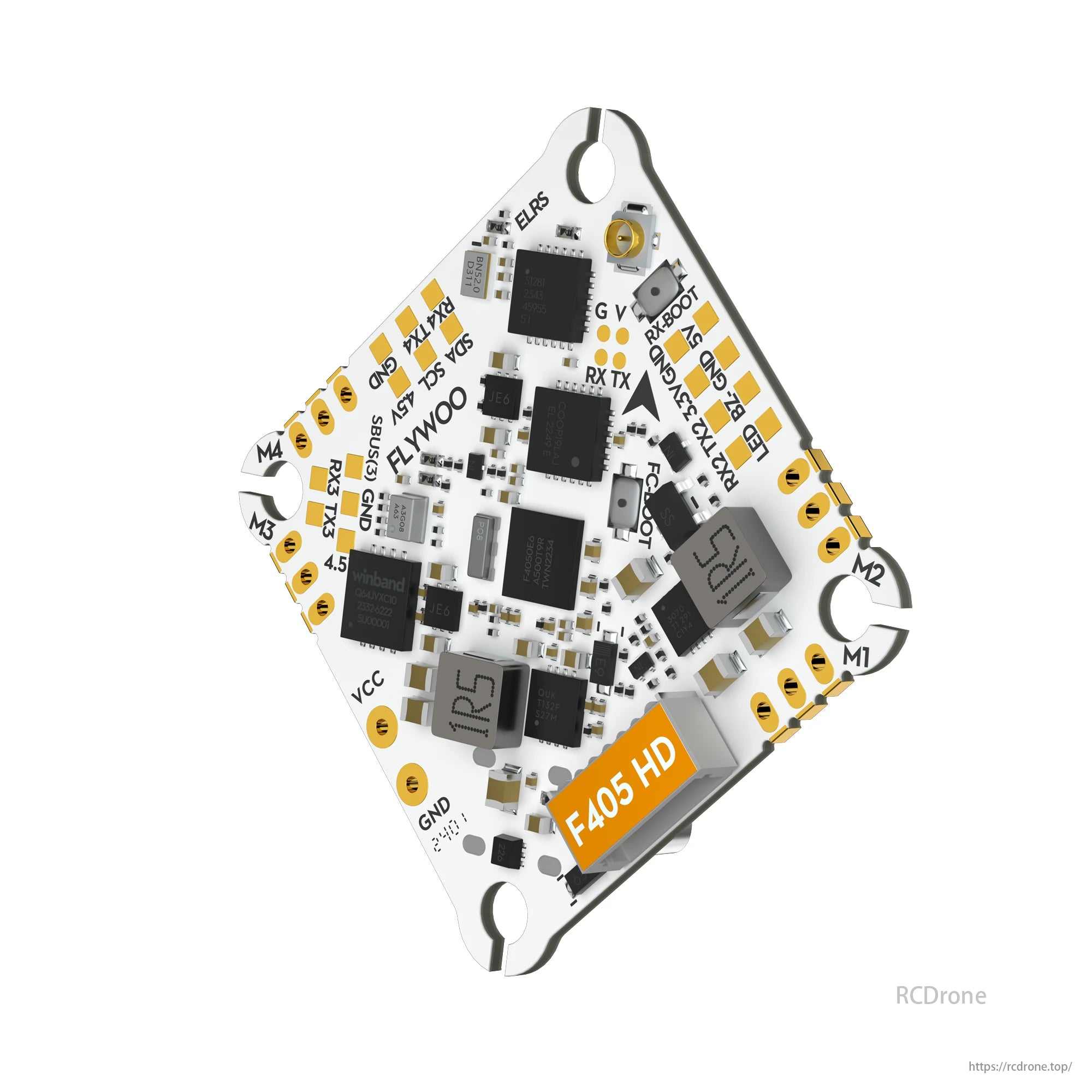 The Flywoo Flytimes 85 Cinewhoop features a compact triangular PCB with an F405 HD flight controller, labeled motor connections, and multiple interfaces for high-performance drone operations.