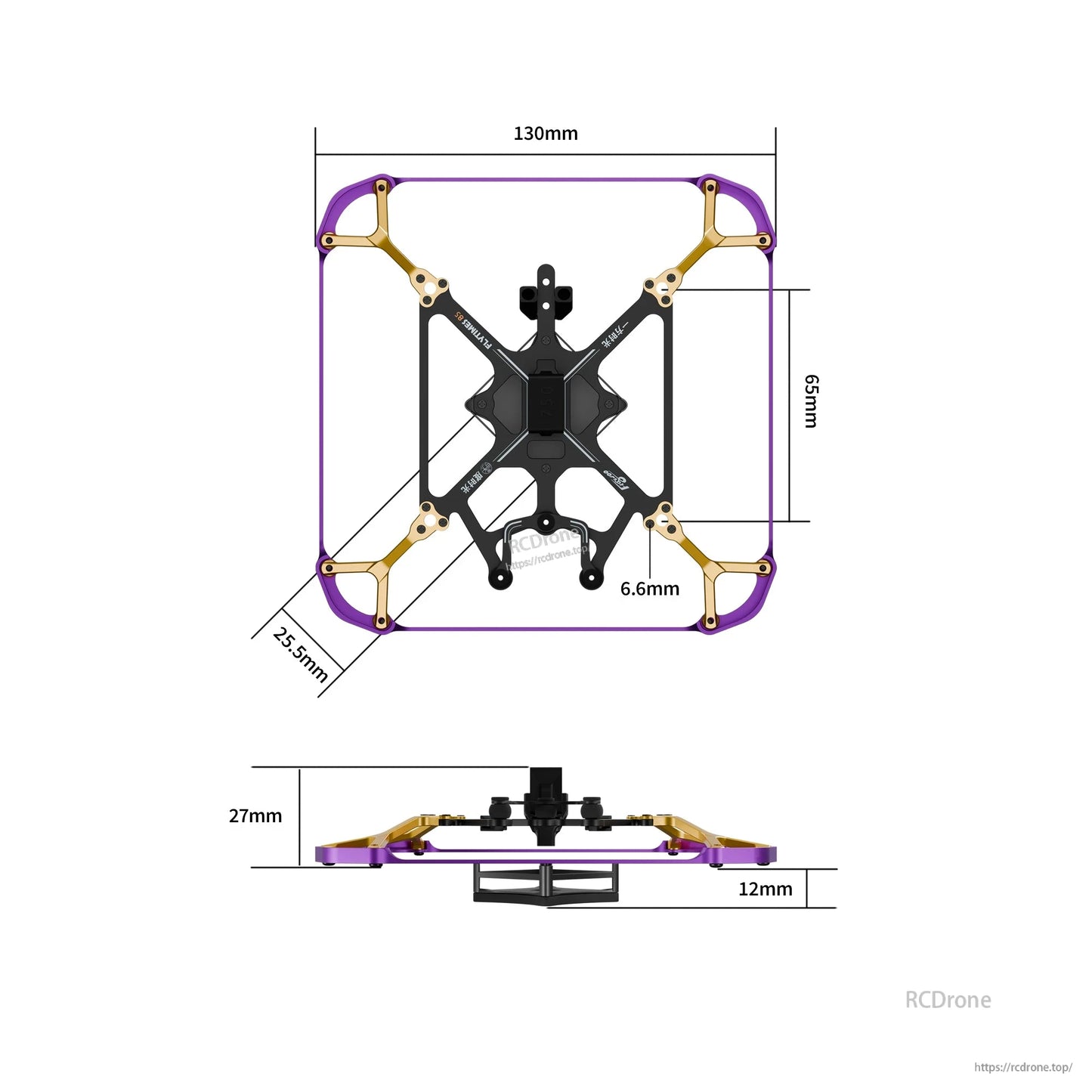 Flywoo Flytimes 85 micro drone frame with purple prop guards and dimension diagram (130mm x 95mm, 27mm height).