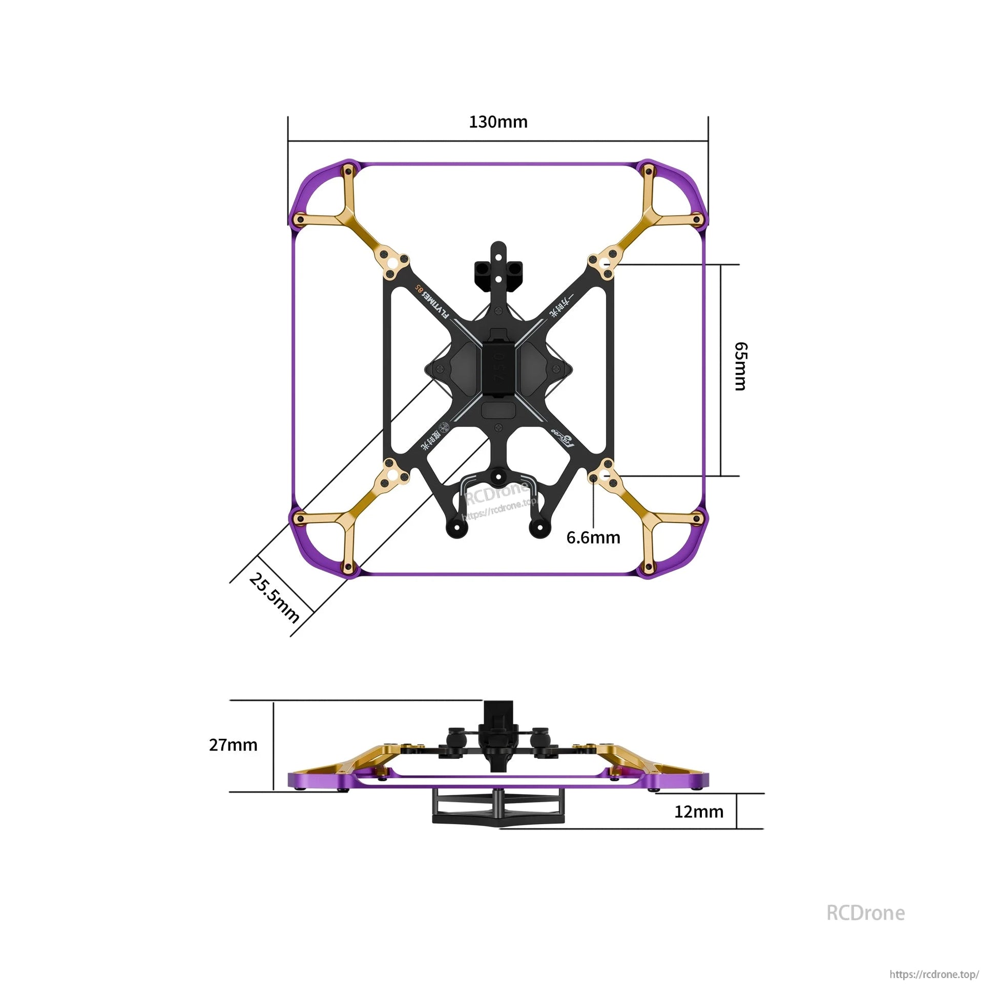 Flywoo Flytimes 85 micro drone frame with purple prop guards and dimension diagram (130mm x 95mm, 27mm height).