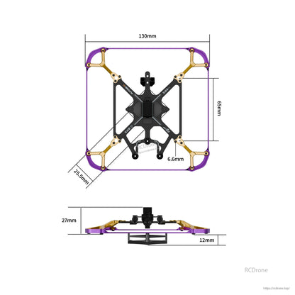Flywoo Flytimes 85 micro drone frame with purple prop guards and dimension diagram (130mm x 95mm, 27mm height).