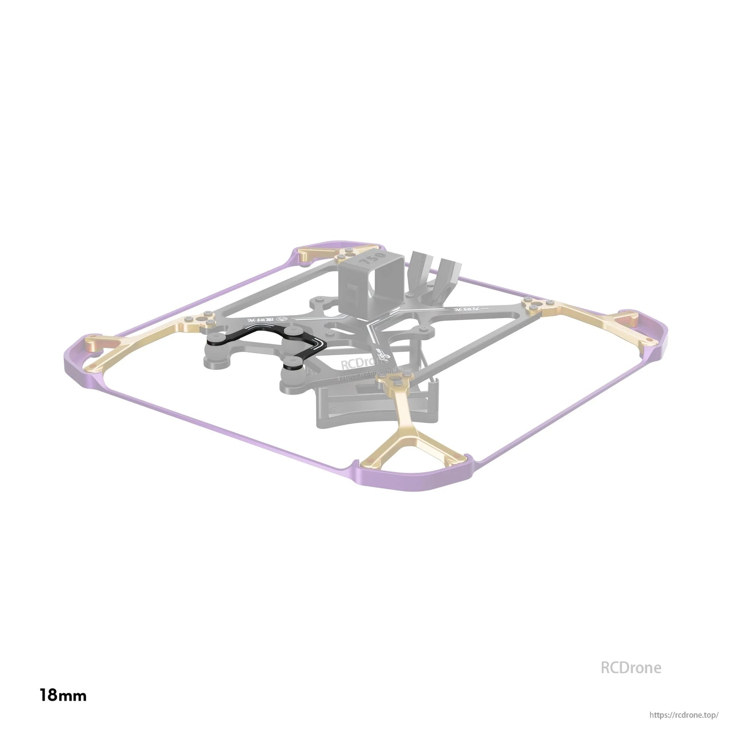 Flywoo Flytimes 85 micro drone frame with purple TPU prop guards, gold braces, and 18mm mount spacing