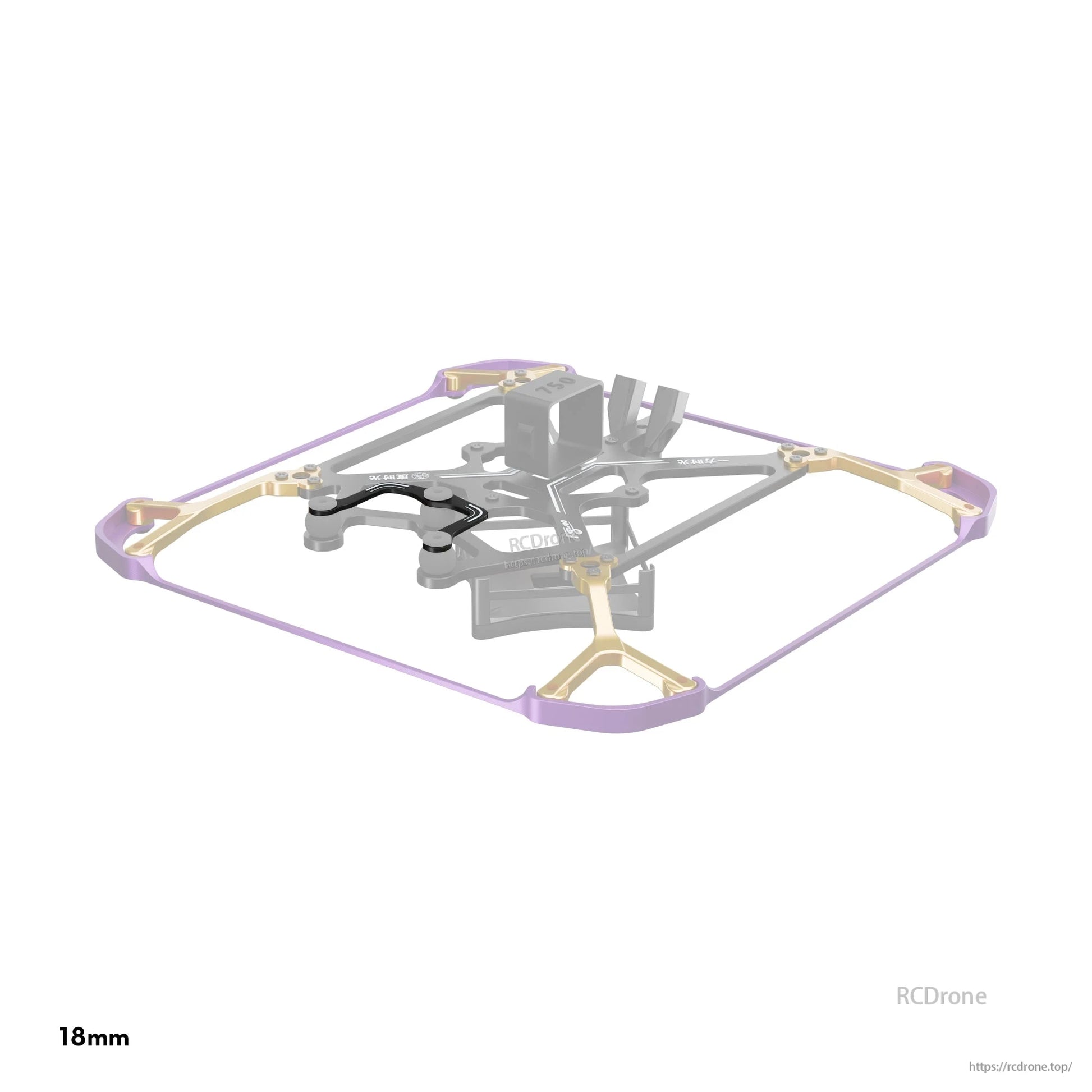 Flywoo Flytimes 85 micro drone frame with purple TPU prop guards, gold braces, and 18mm mount spacing