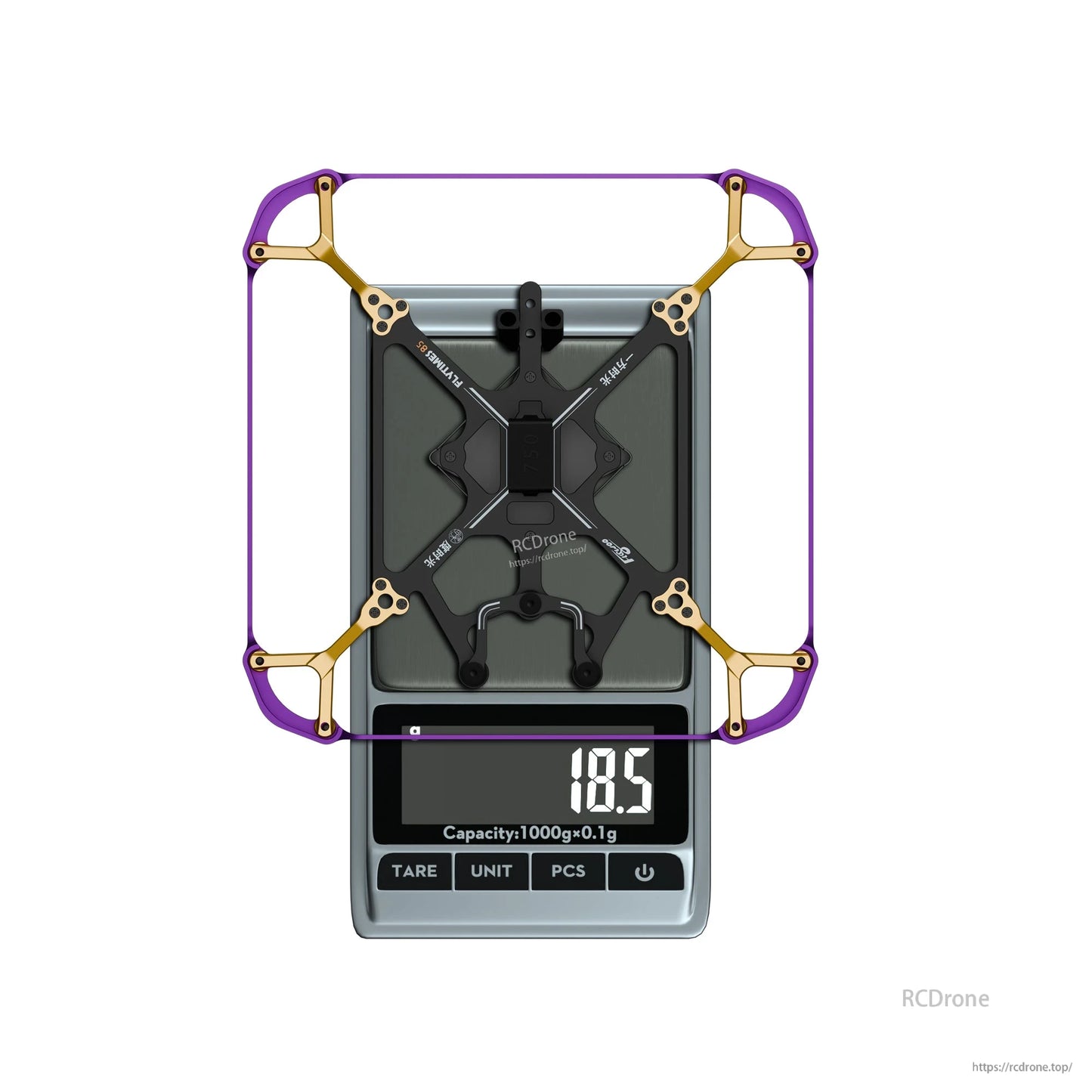 Flywoo Flytimes 85 micro drone frame with purple prop guards on a digital scale reading 18.5g