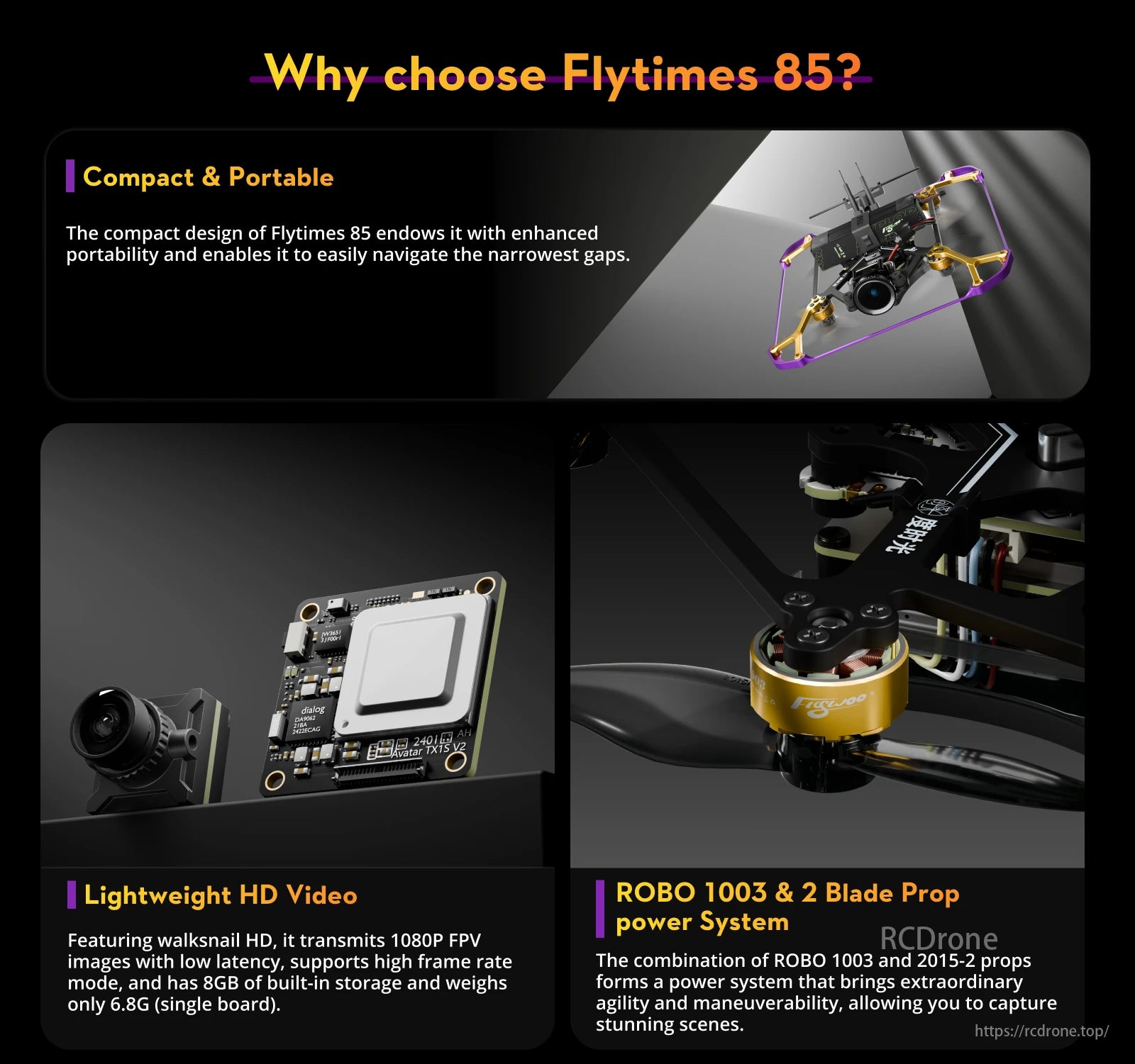 Flywoo Flytimes 85 Walksnail FPV Drone, Compact, portable drone with HD video transmission, agile and maneuverable due to ROBO 1003 & 2 Blade Prop power system.