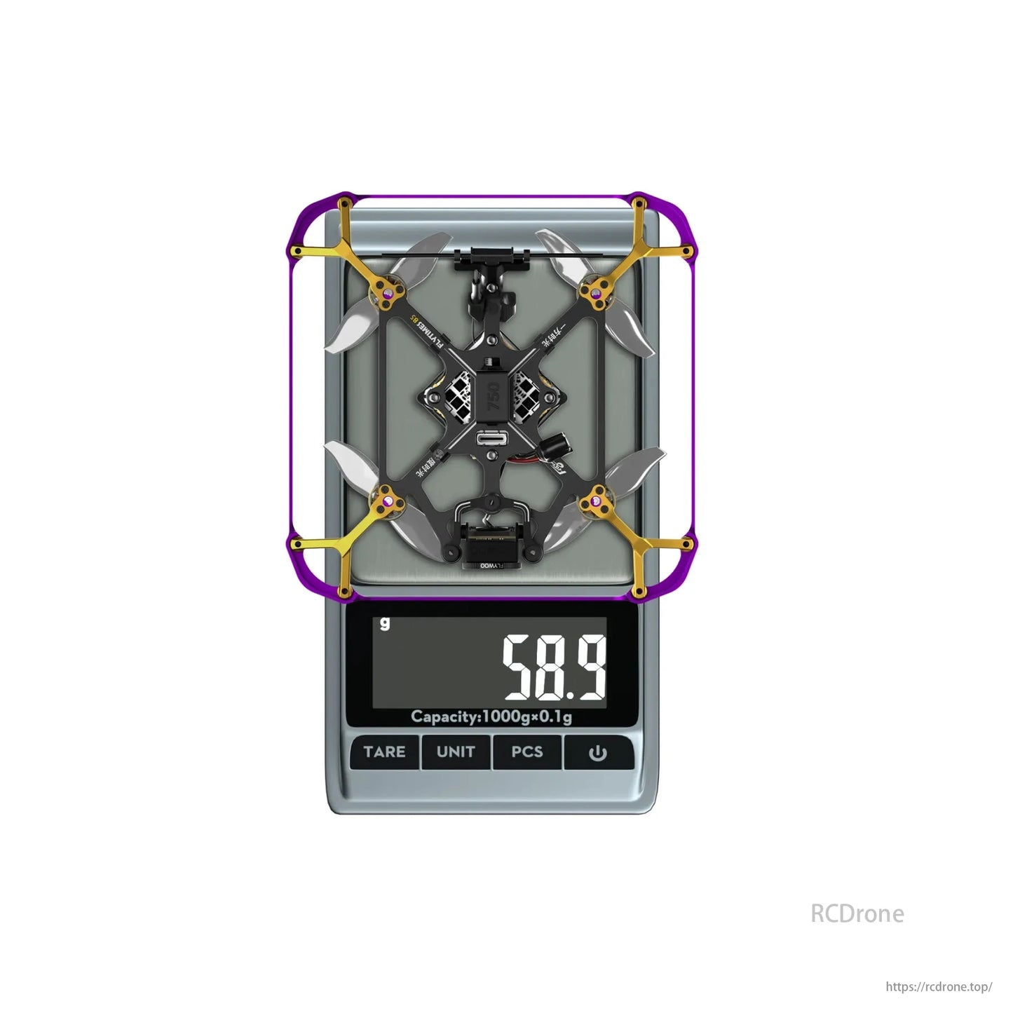 The Flywoo Flytimes 85 HD O4 2S drone weighs 58.9 grams when measured on a scale.