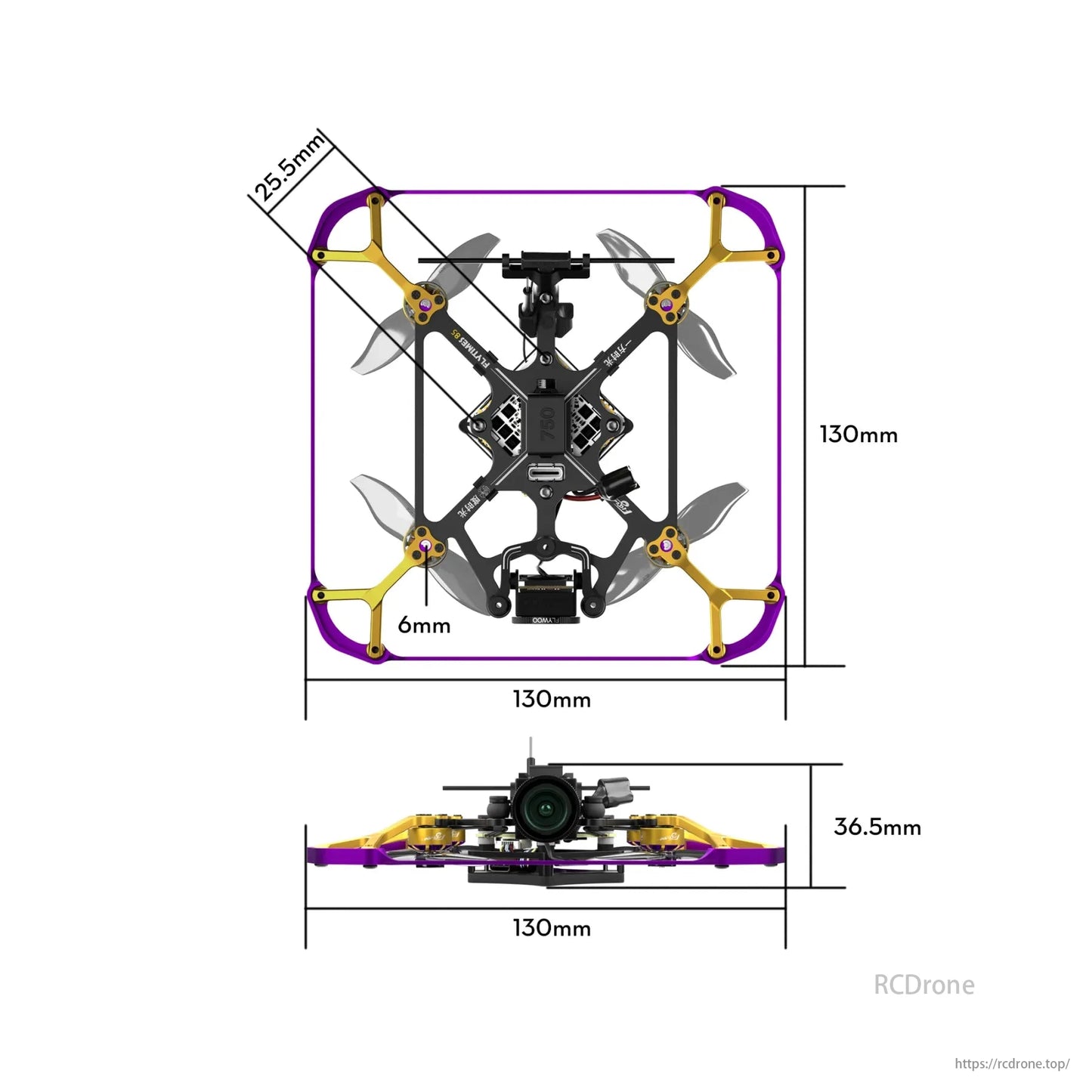 Flywoo Flytimes 85 HD O4 2S drone measures 130mm x 130mm with a height of 36.5mm.
