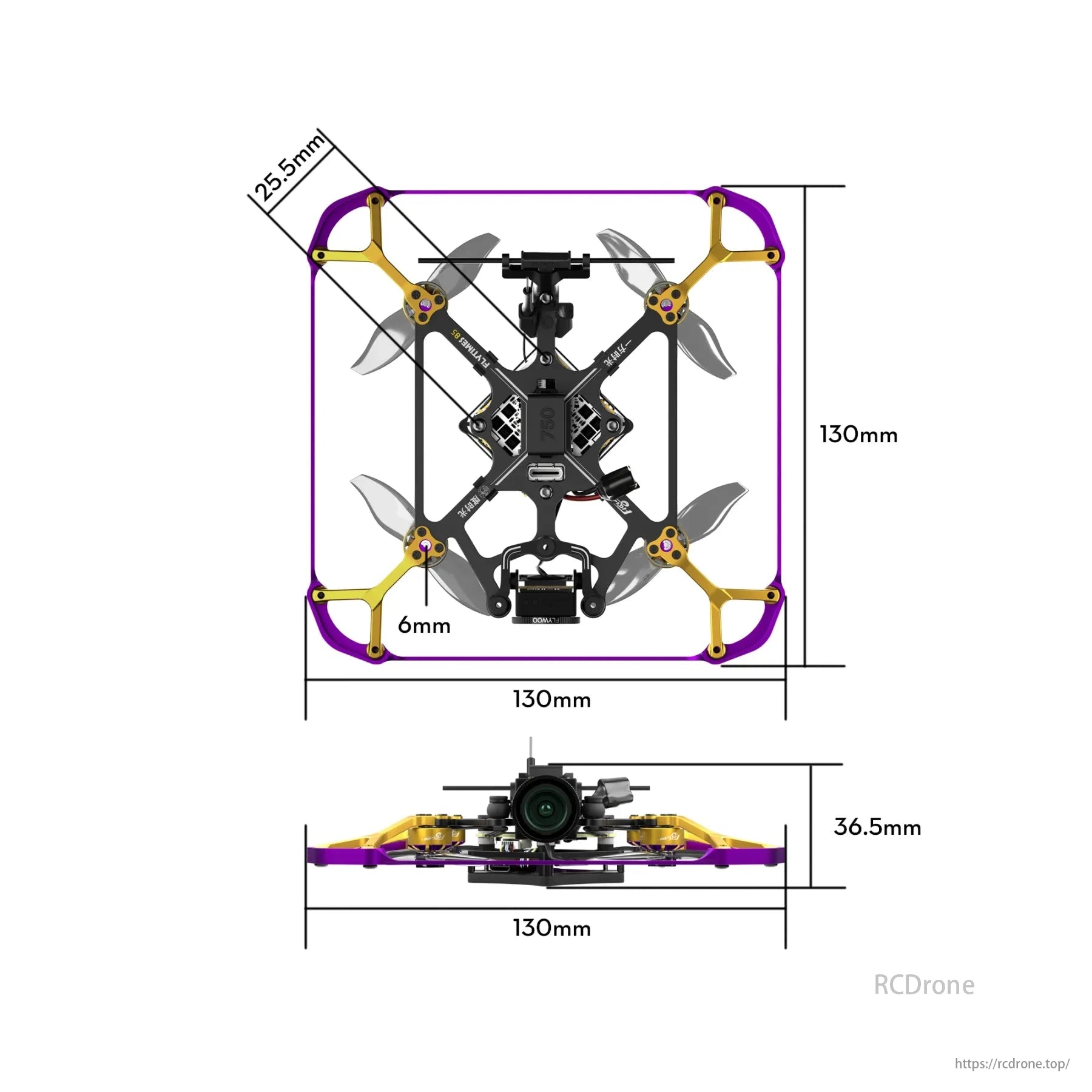 Flywoo Flytimes 85 HD O4 2S drone measures 130mm x 130mm with a height of 36.5mm.