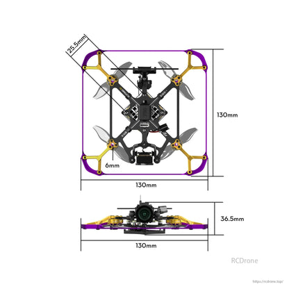 Flywoo Flytimes 85 HD O4 2S drone measures 130mm x 130mm with a height of 36.5mm.