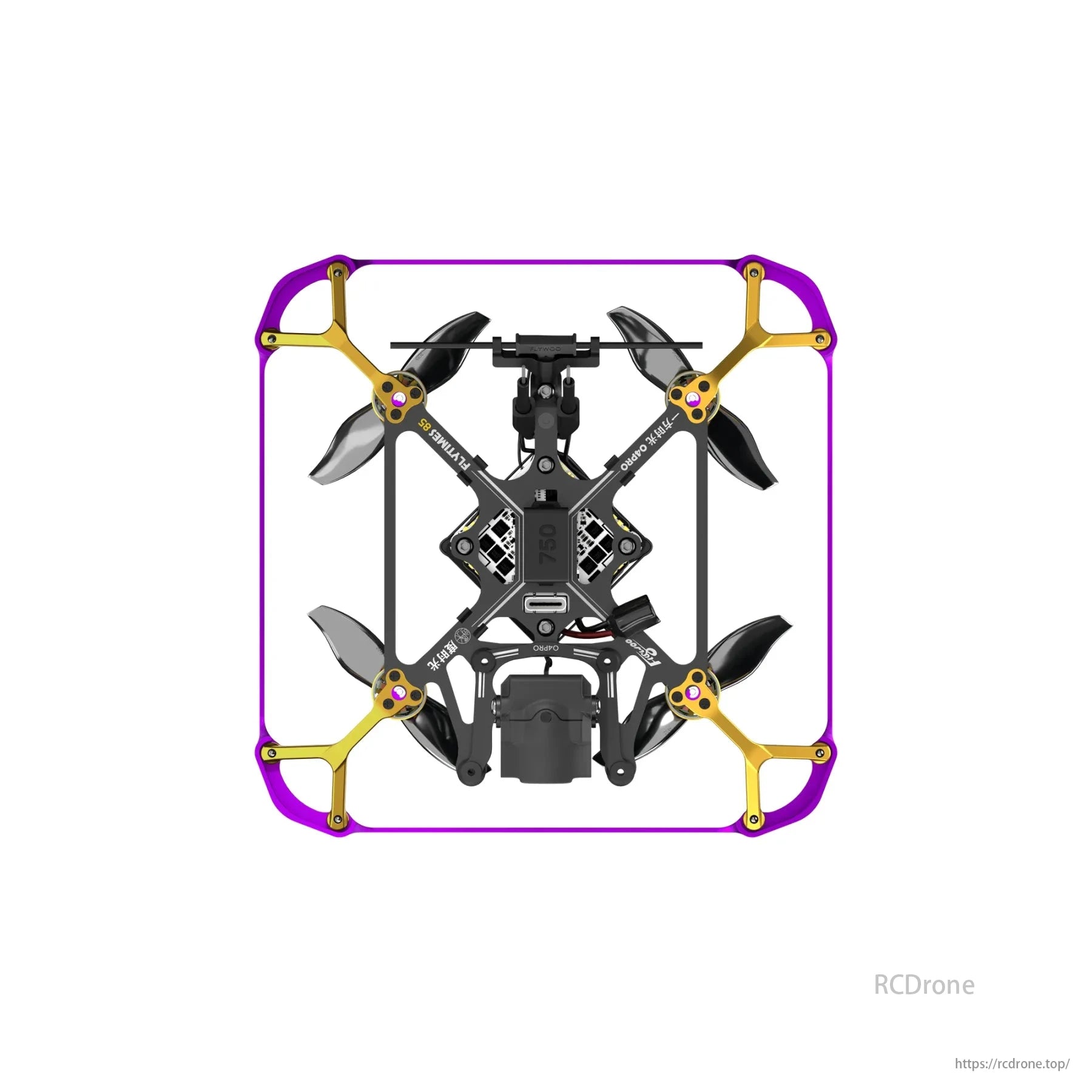Flywoo Flytimes 85 HD O4 Pro, a 2-inch 2S micro cinewhoop FPV drone with DJI O4 Pro Air Unit, sports a purple frame and gold arms.