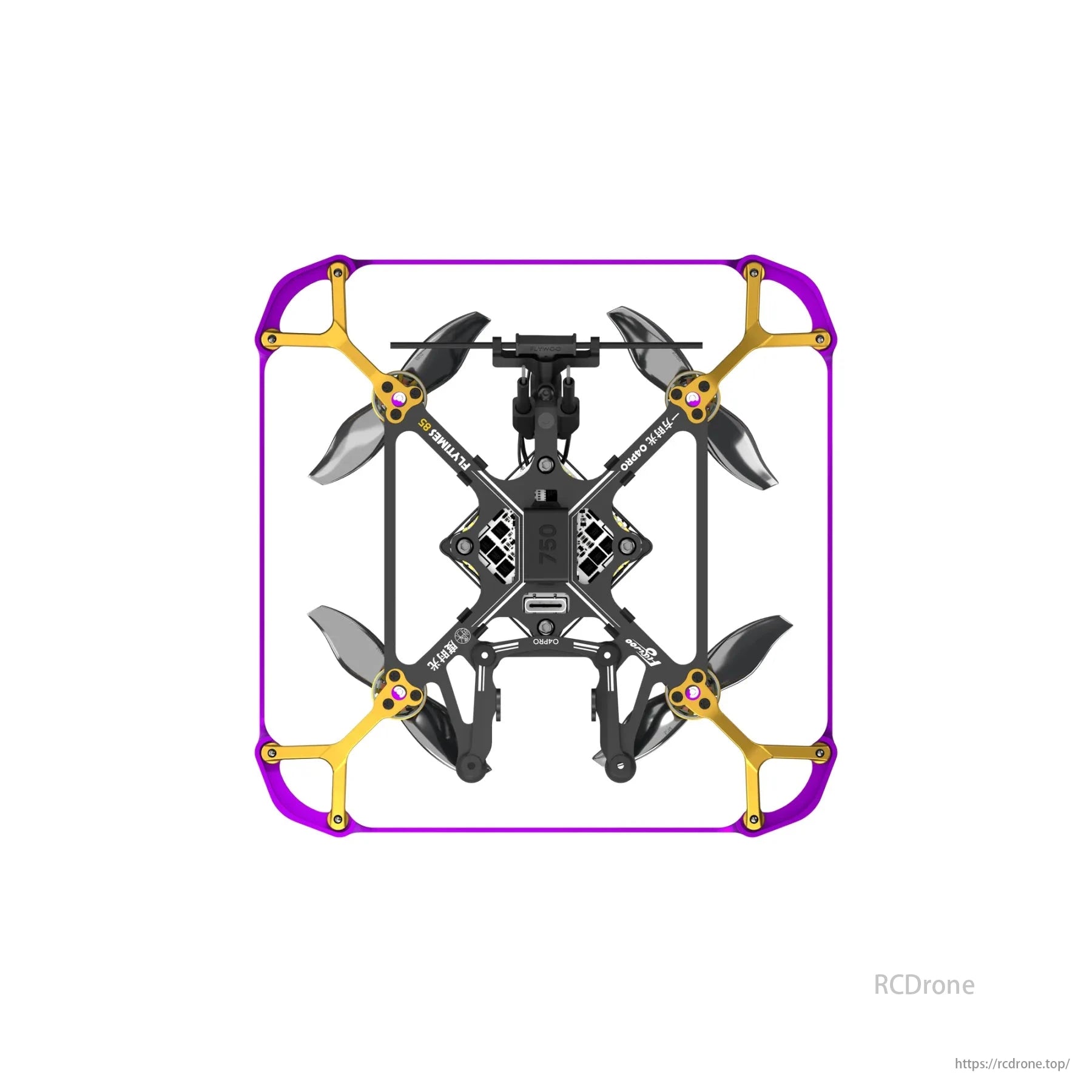 Flywoo Flytimes 85 HD O4 Pro, a 2-inch 2S micro cinewhoop FPV drone with DJI O4 Pro Air Unit, sports a purple frame and gold arms.