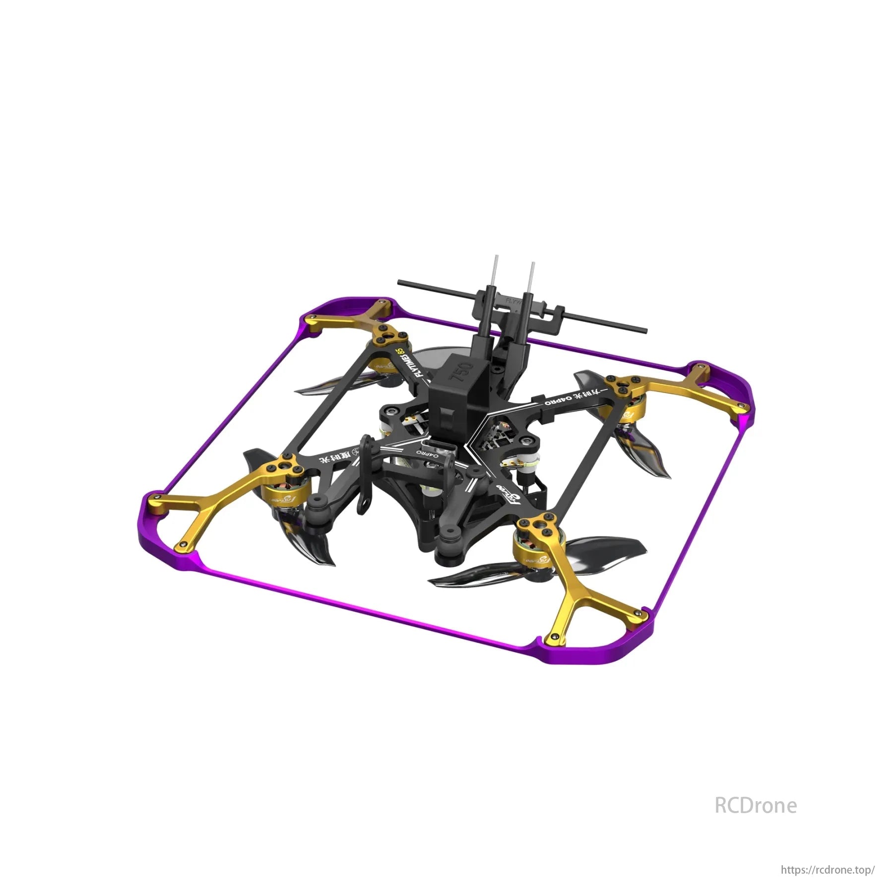 Flywoo Flytimes 85 HD O4 Pro, a 2-inch 2S micro cinewhoop FPV drone with DJI O4 Pro Air Unit, sports a purple frame and gold arms.
