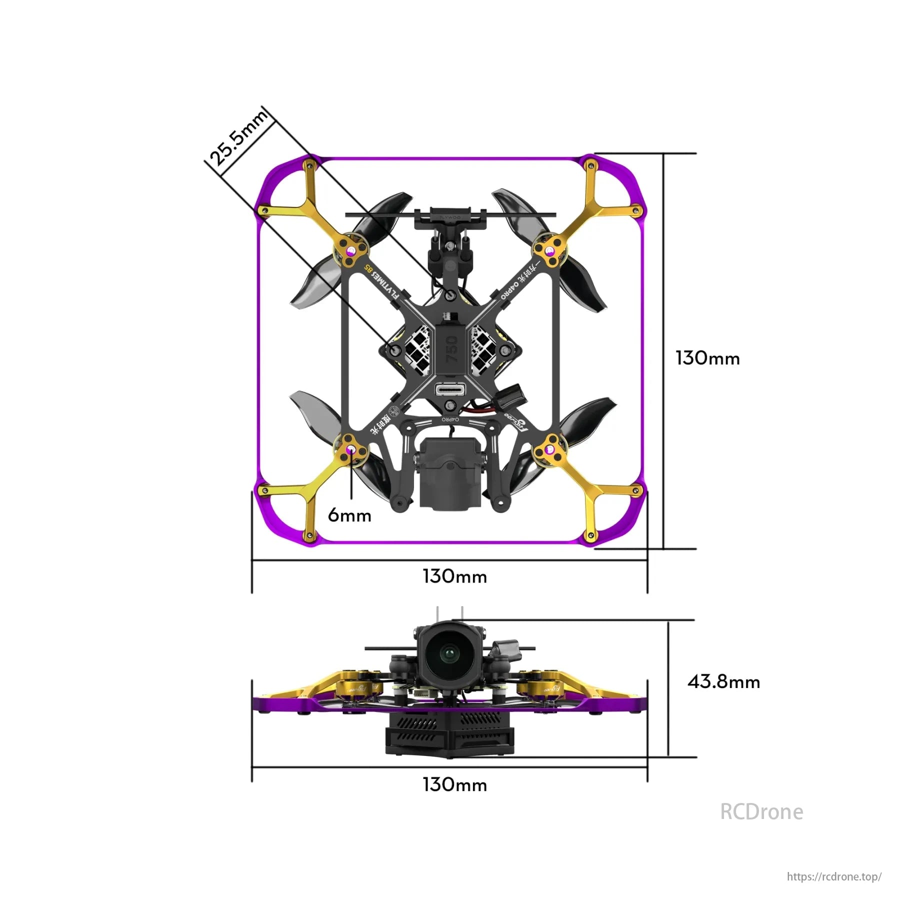 Flywoo Flytimes 85 HD O4 Pro drone dimensions: 130x130mm, height 43.8mm, arm spacing 25.5mm, 6mm prop clearance.