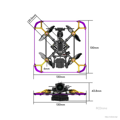 Flywoo Flytimes 85 HD O4 Pro drone dimensions: 130x130mm, height 43.8mm, arm spacing 25.5mm, 6mm prop clearance.