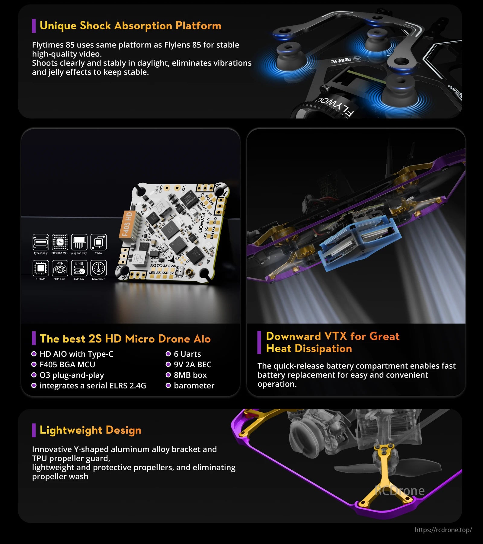 Flywoo Flytimes 85 O4 Cinewhoop, Stable HD video drone with shock absorption, F405 MCU, O3 ELRS, 6 UARTs, 9V BEC, barometer, quick-release battery, and protective Y-shaped bracket with TPU guard. Lightweight design for heat dissipation.