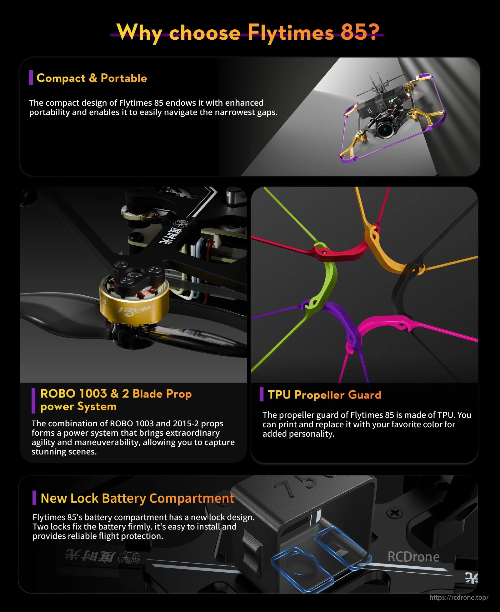 Flywoo Flytimes 85 O4 Cinewhoop, Flytimes 85 features compact design, ROBO 1003 power system, TPU propeller guard, and secure lock battery compartment for safe flights.