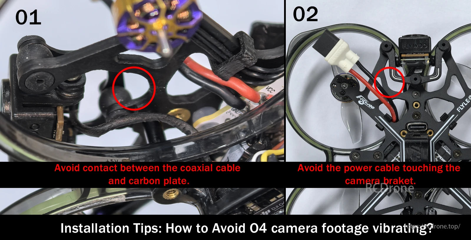 Flywoo Flytimes 85 O4 Cinewhoop, Avoid contact between coaxial cable and carbon plate for stable O4 footage.