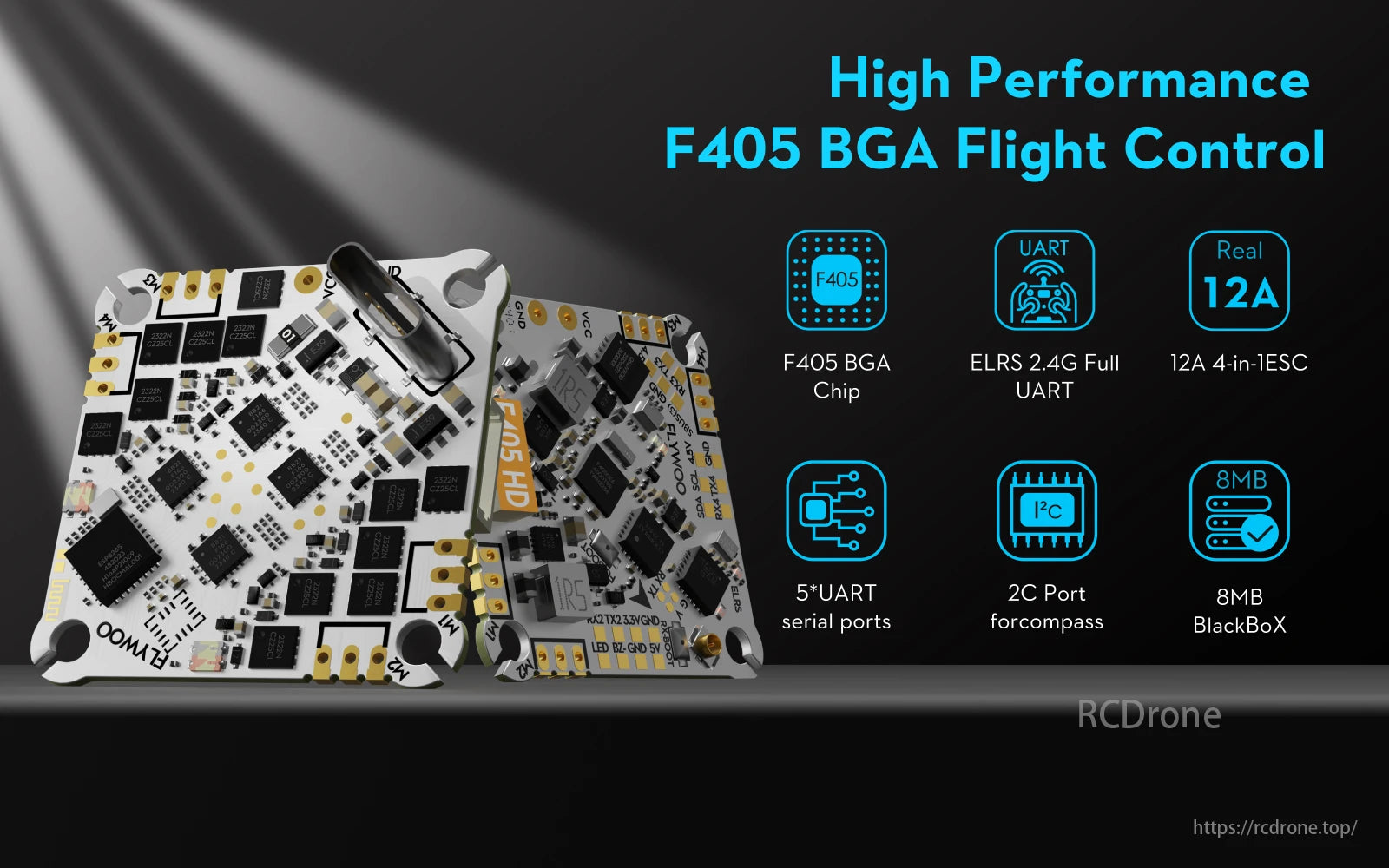 Flywoo Flytimes 85 O4 Pro FPV Drone, F405 BGA Flight Control features F405 chip, ELRS 2.4G UART, 12A 4-in-1 ESC, 5 UARTs, I2C compass, and 8MB BlackBox memory for high-performance drones.