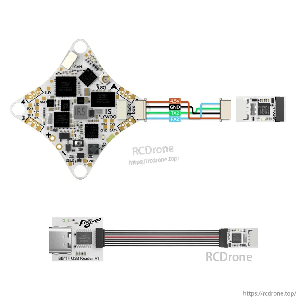 Flywoo GOKU F405 ERVT AIO flight controller with labeled pads and BB/TF USB Reader V1 ribbon cable adapter
