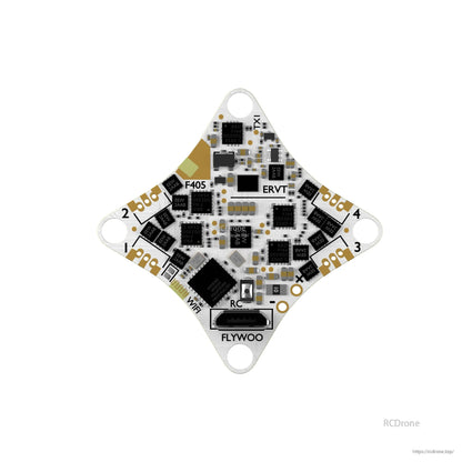Flywoo GOKU F405 ERVT AIO flight controller board with labeled motor pads 1–4, TX1 and WiFi module