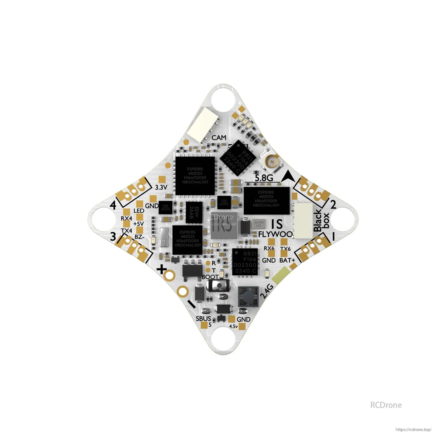 Flywoo GOKU F405 ERVT AIO flight controller board with labeled CAM, 5.8G/2.4G pads, SBUS and BOOT button
