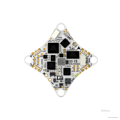 Flywoo GOKU F405 ERVT AIO flight controller board with labeled CAM, 5.8G/2.4G pads, SBUS and BOOT button