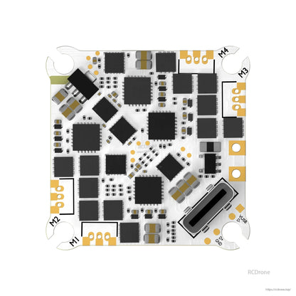 Flywoo GOKU F405 HD AIO flight controller board with USB-C port, labeled M1–M4 motor pads, and solder points