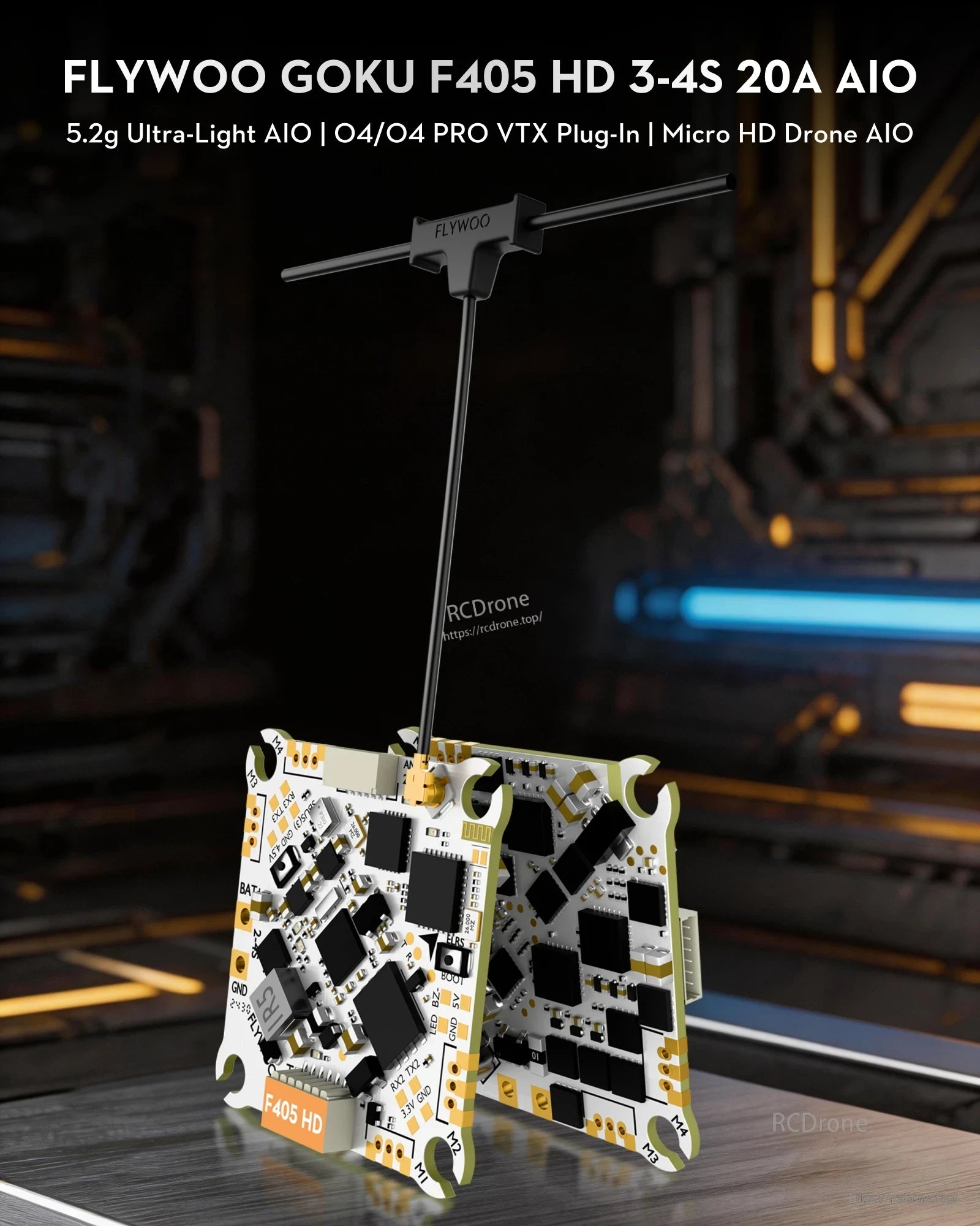 Flywoo GOKU F405 HD 3-4S 20A AIO flight controller boards with ELRS antenna and plug-in connector layout