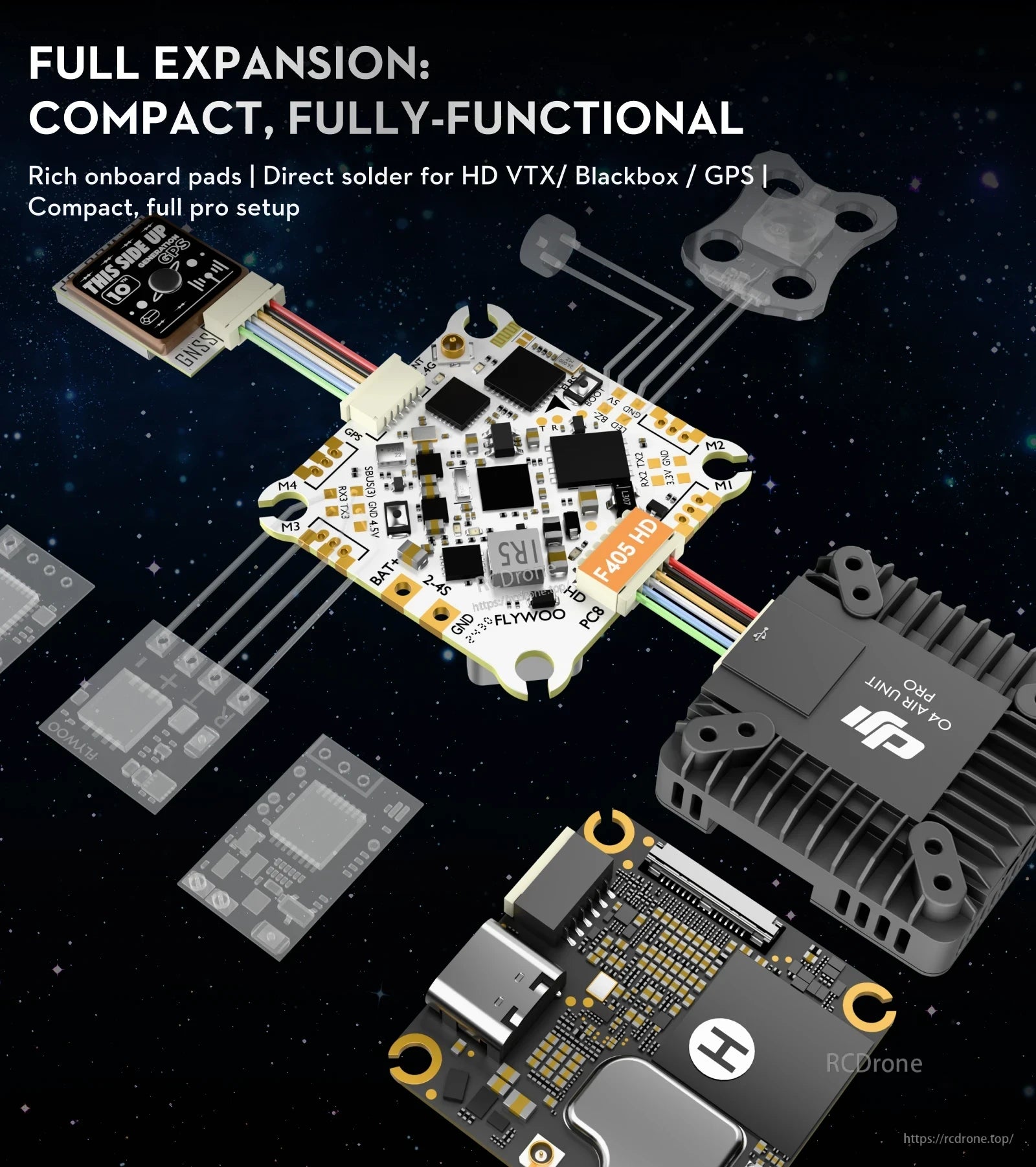 Flywoo GOKU F405 HD AIO flight controller board with labeled solder pads and plug connectors for GPS and HD VTX