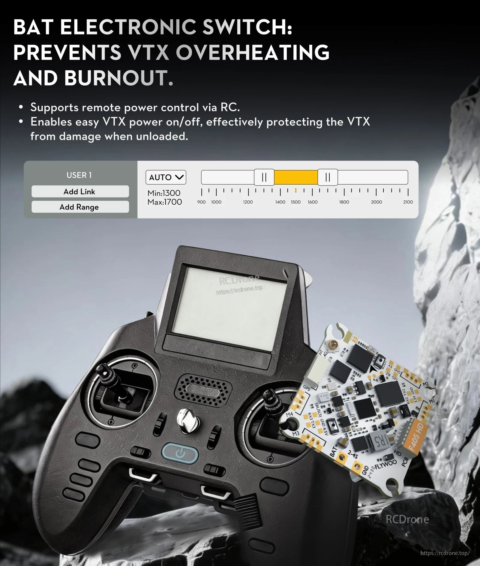 Flywoo GOKU F405 HD AIO flight controller graphic showing BAT electronic switch for RC-controlled VTX power on/off