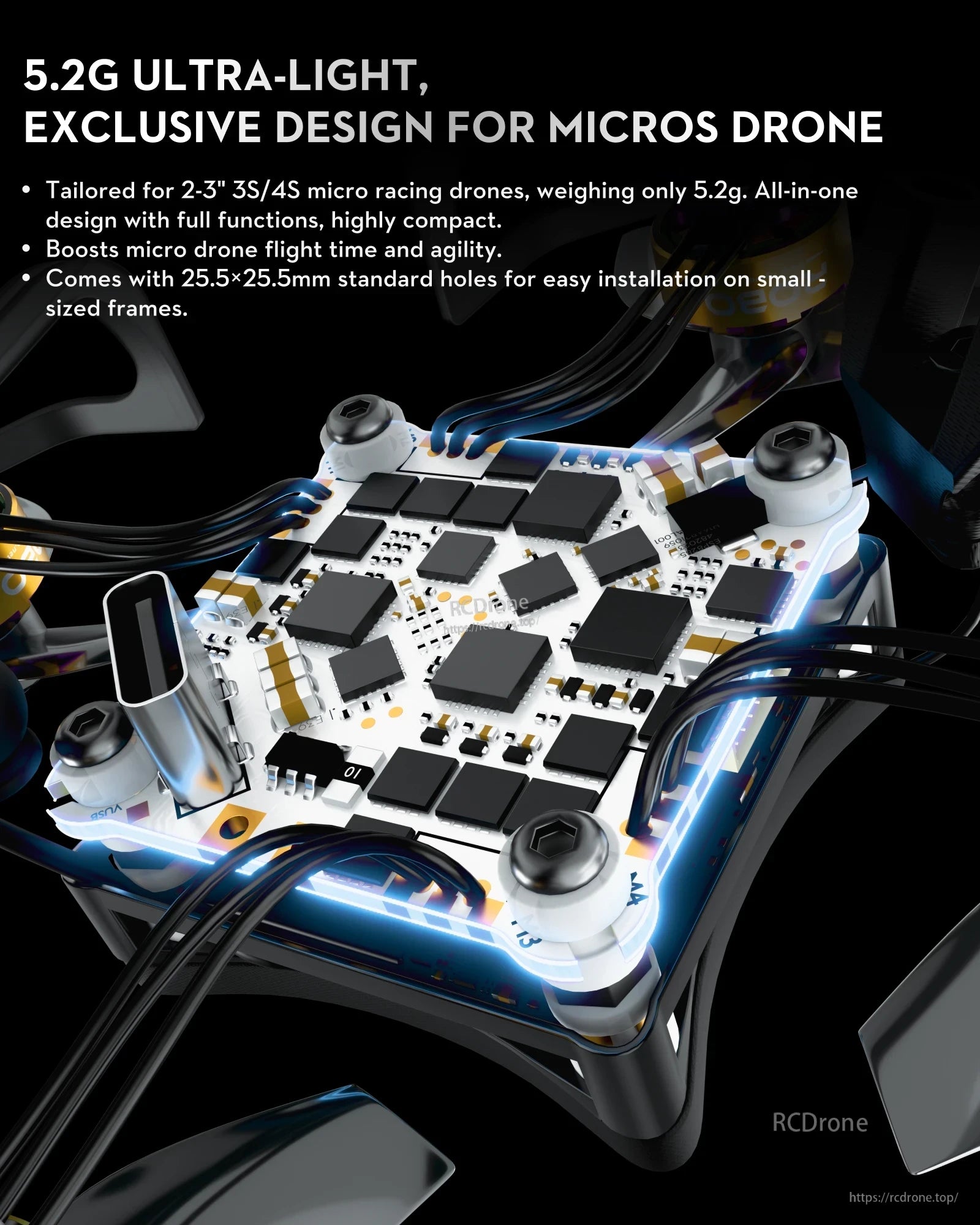 Flywoo GOKU F405 HD AIO flight controller installed on a micro drone, 5.2g board with 25.5×25.5mm mount