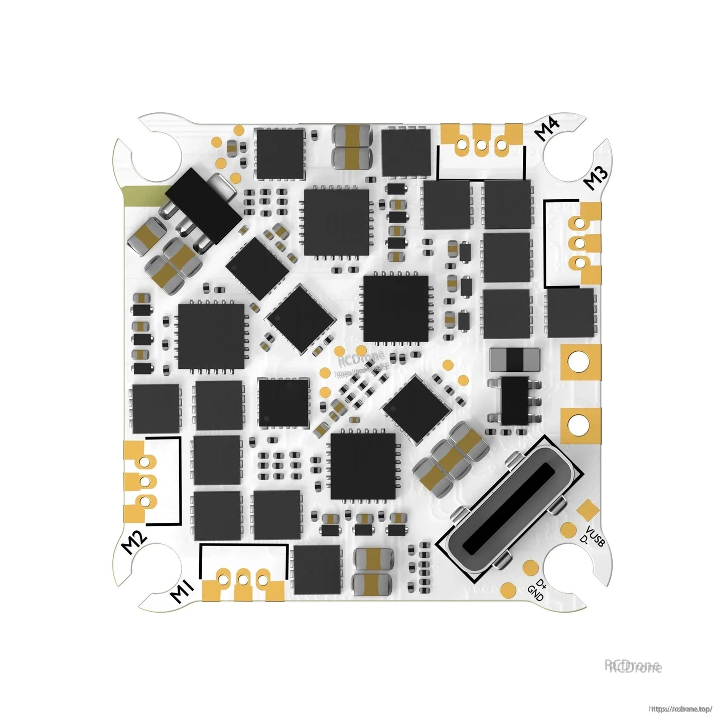 Top view of Flywoo GOKU F405 HD AIO flight controller with USB-C port and labeled M1–M4 motor pads