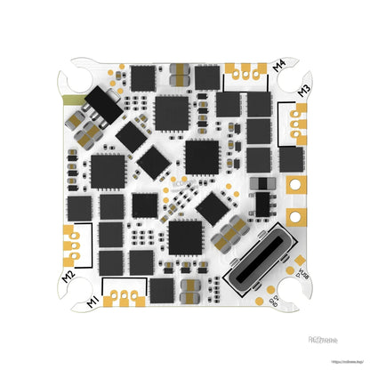 Top view of Flywoo GOKU F405 HD AIO flight controller with USB-C port and labeled M1–M4 motor pads