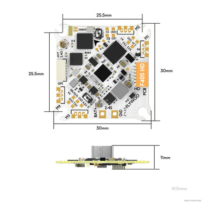 Flywoo GOKU F405 HD AIO flight controller board with 30×30mm size, 25.5mm mounting, and labeled GPS/ANT pads