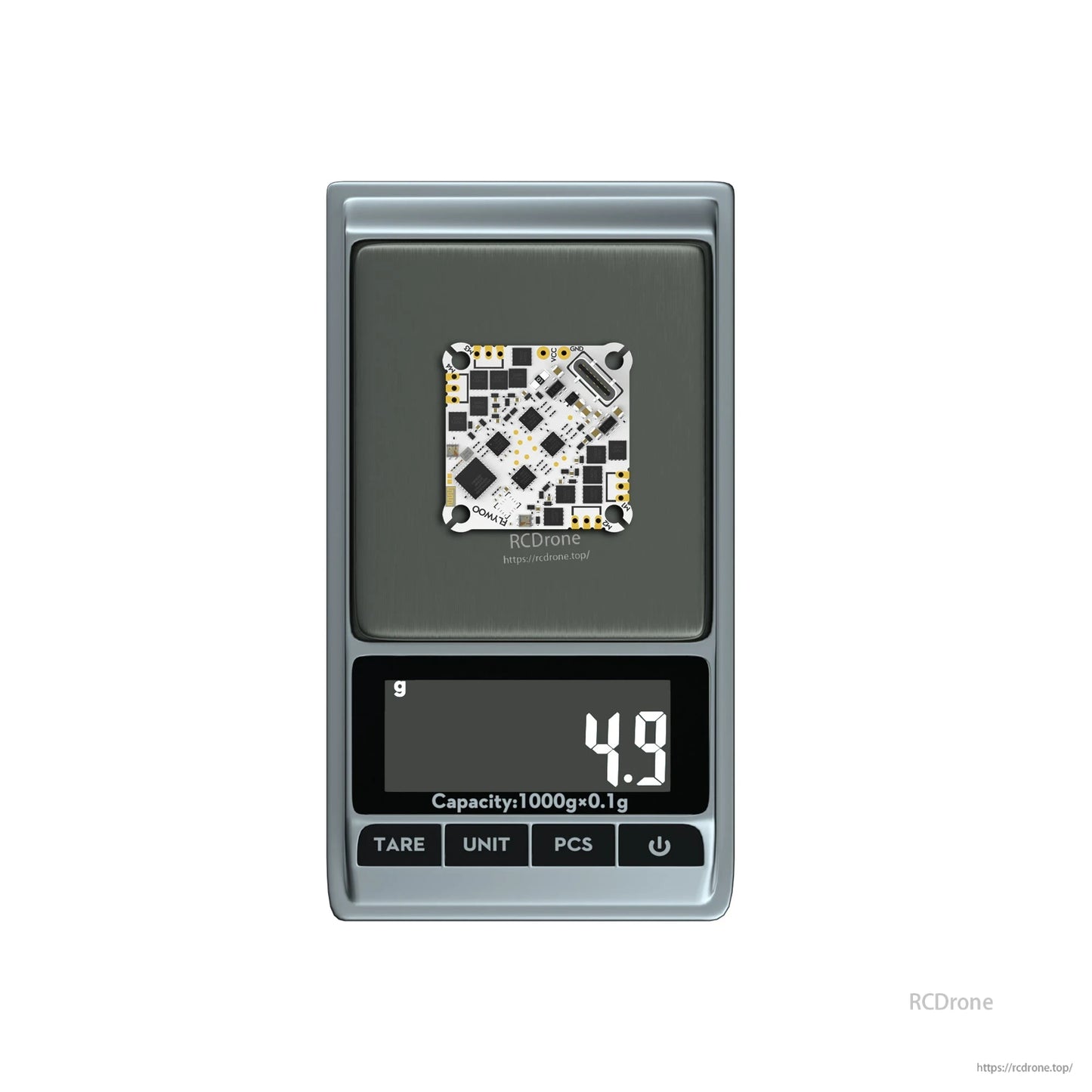 Flywoo GOKU F405 HD AIO flight controller PCB on a digital scale showing 4.9 g weight