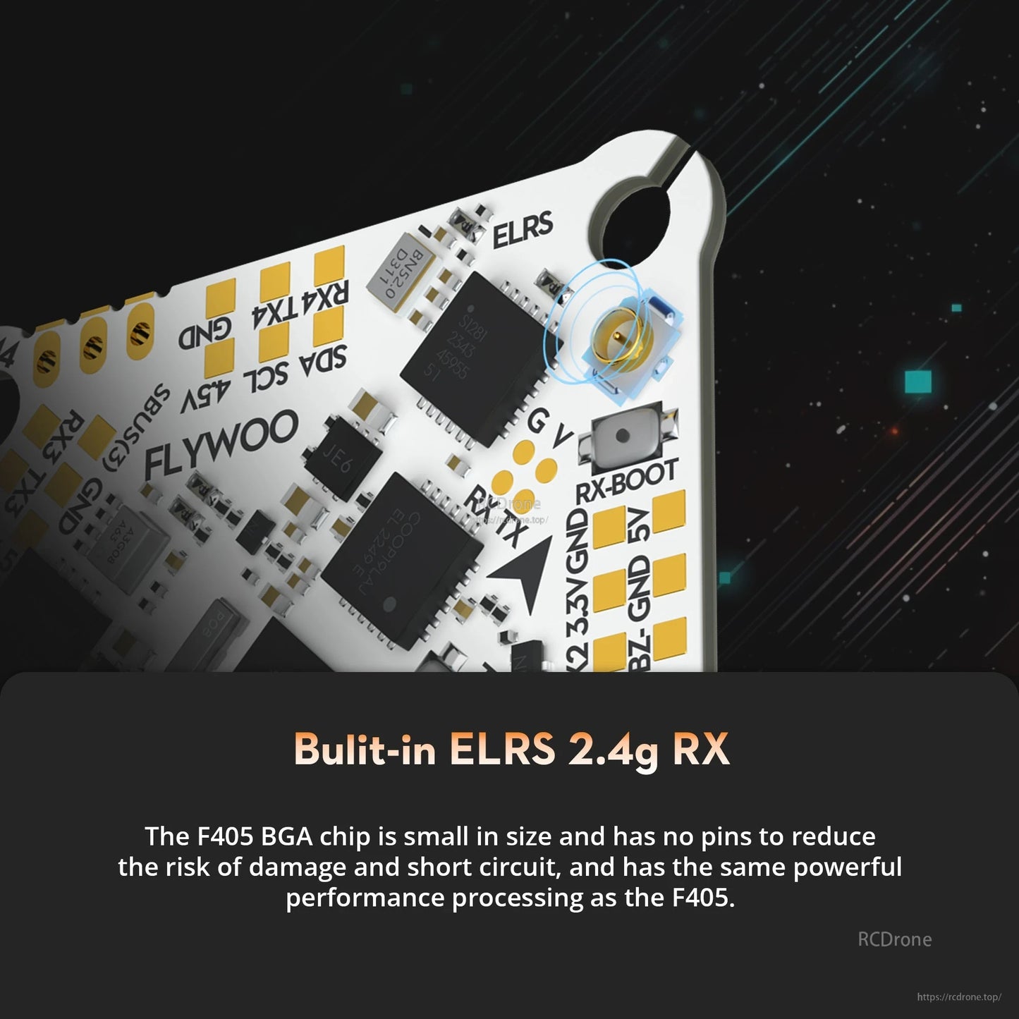 Flywoo GOKU F405 HD AIO flight controller PCB with built-in ELRS 2.4GHz RX and u.FL antenna connector