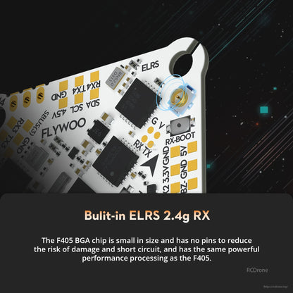 Flywoo GOKU F405 HD AIO flight controller PCB with built-in ELRS 2.4GHz RX and u.FL antenna connector