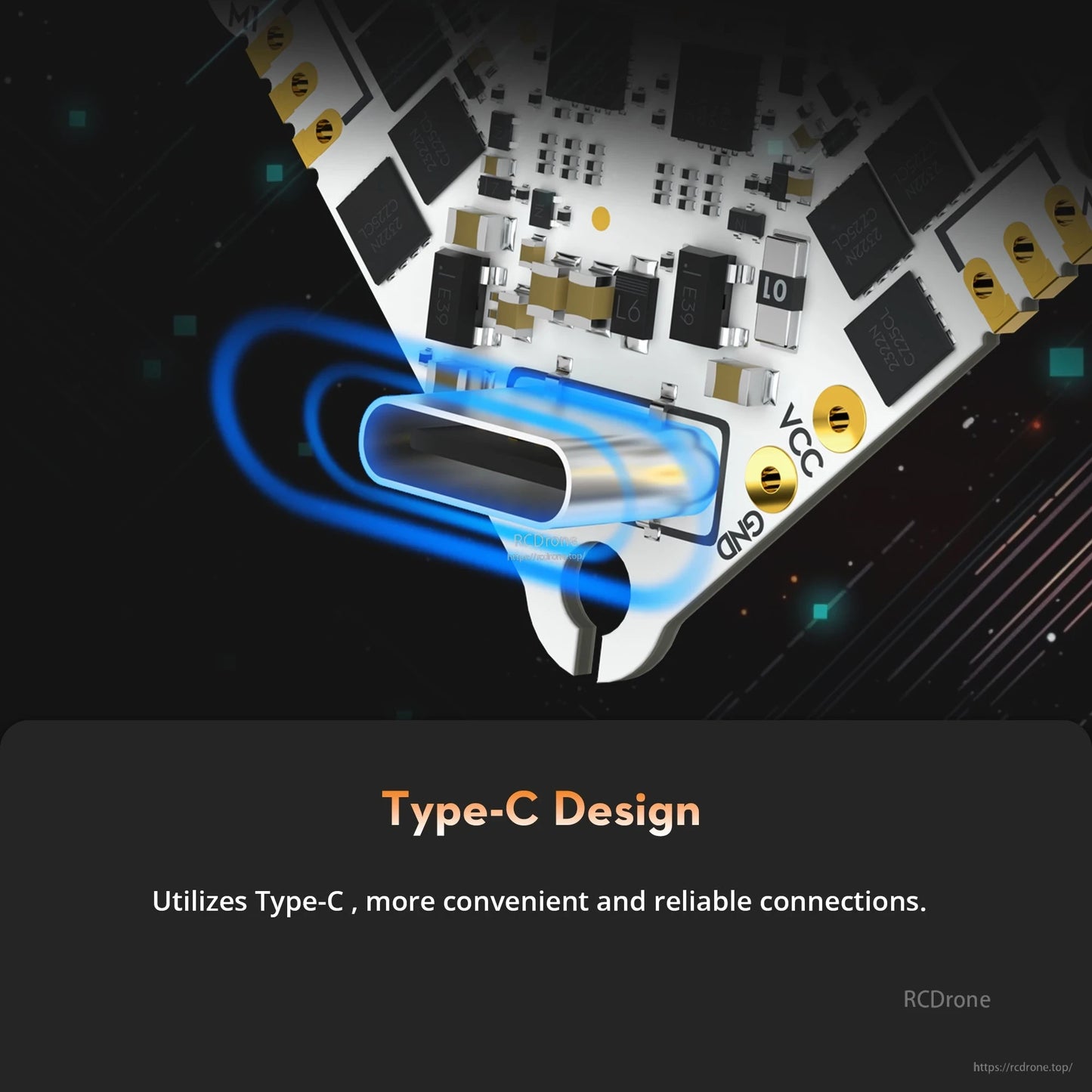 Flywoo GOKU F405 HD AIO flight controller close-up showing USB-C Type‑C port and VCC/GND pads