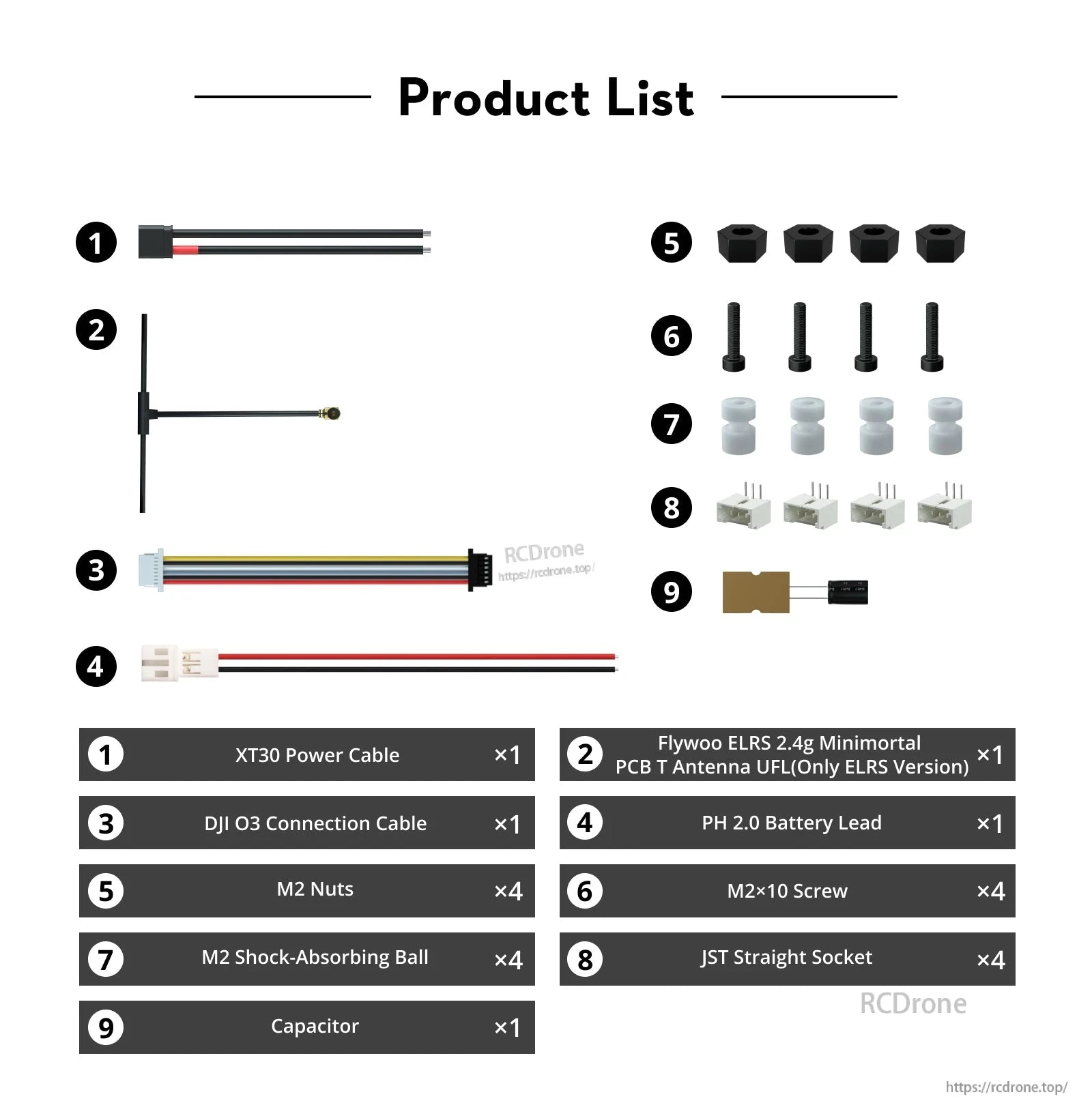 Flywoo GOKU F405 HD AIO flight controller kit contents list with XT30 cable, DJI O3 cable, antenna, screws, nuts, capacitor