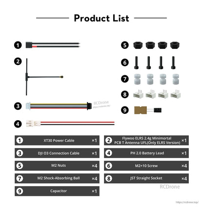 Flywoo GOKU F405 HD AIO flight controller kit contents list with XT30 cable, DJI O3 cable, antenna, screws, nuts, capacitor