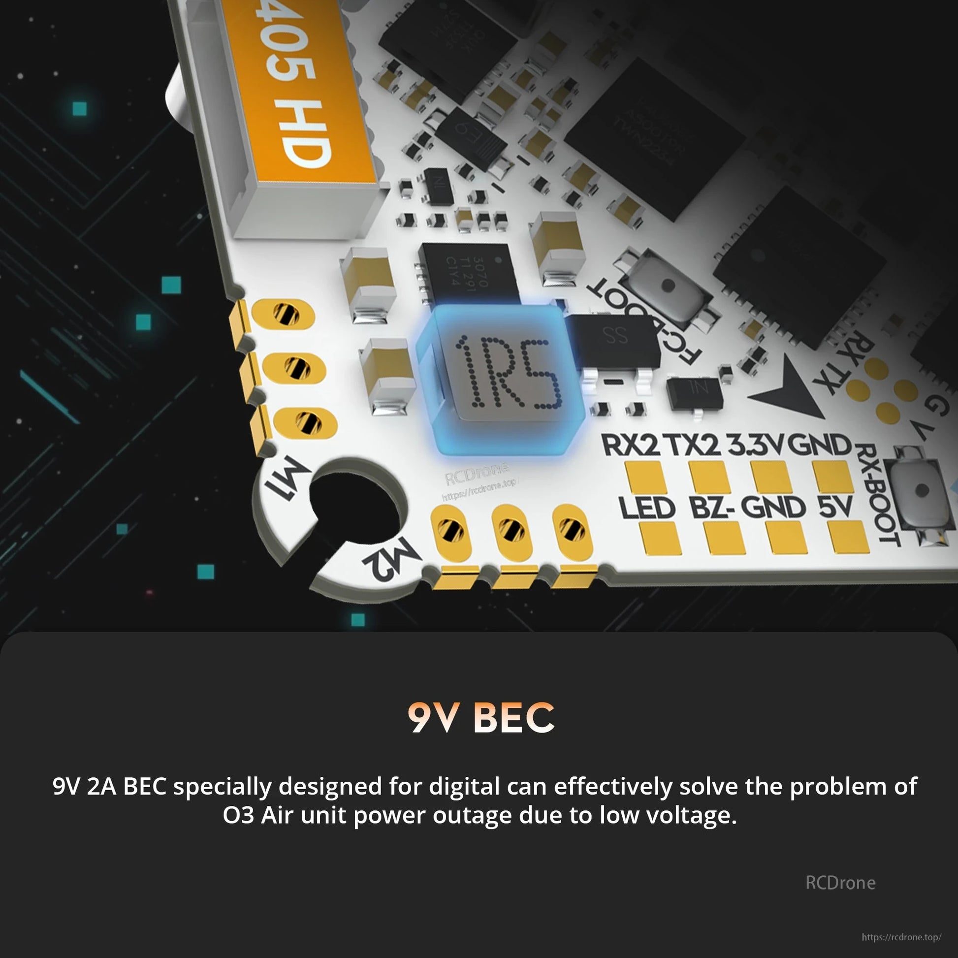 Close-up of Flywoo GOKU F405 HD AIO flight controller showing 9V BEC (1R5 inductor) and labeled RX2/TX2 pads