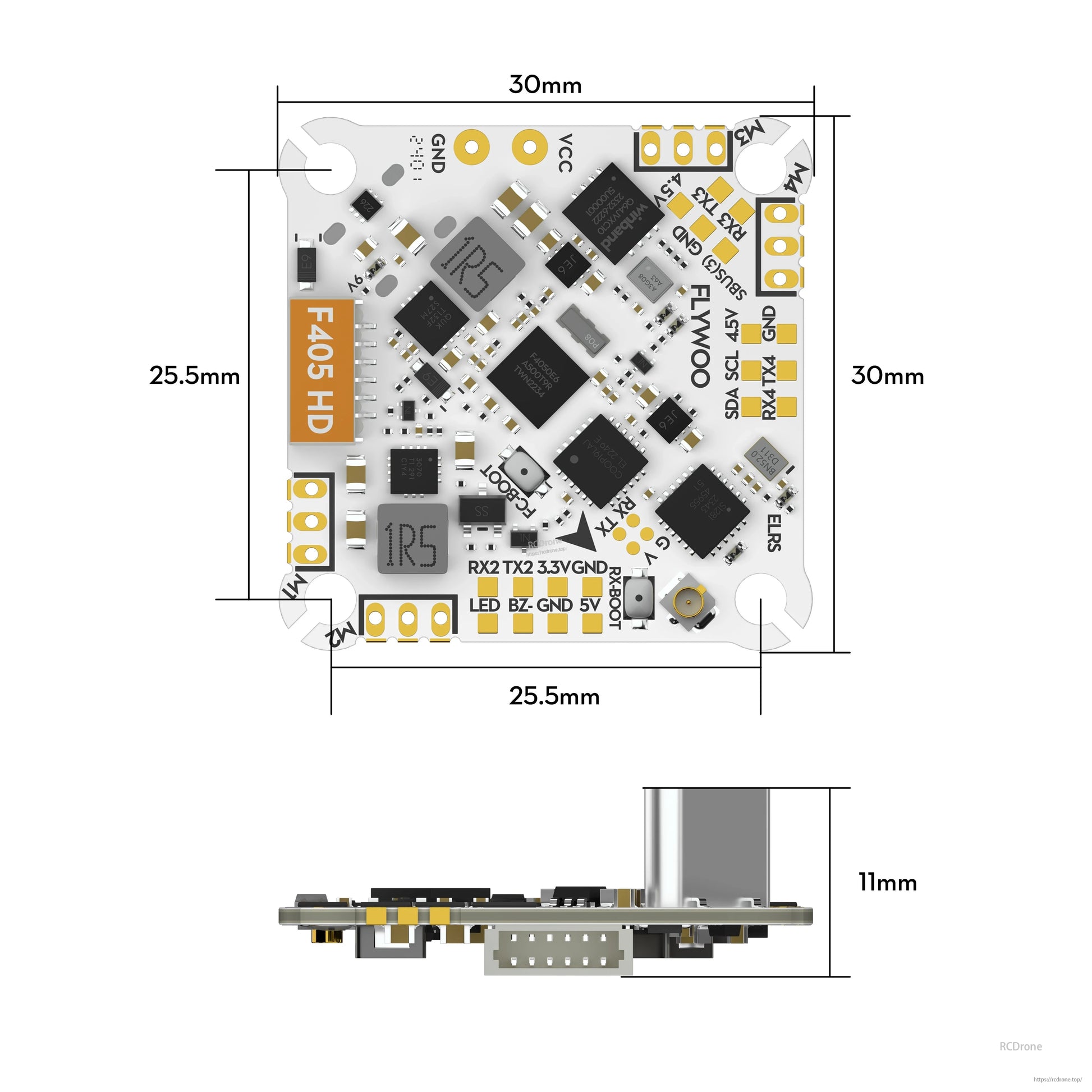 Flywoo GOKU F405 HD AIO flight controller board with labeled pads and 30mm size, 25.5mm mounting pattern